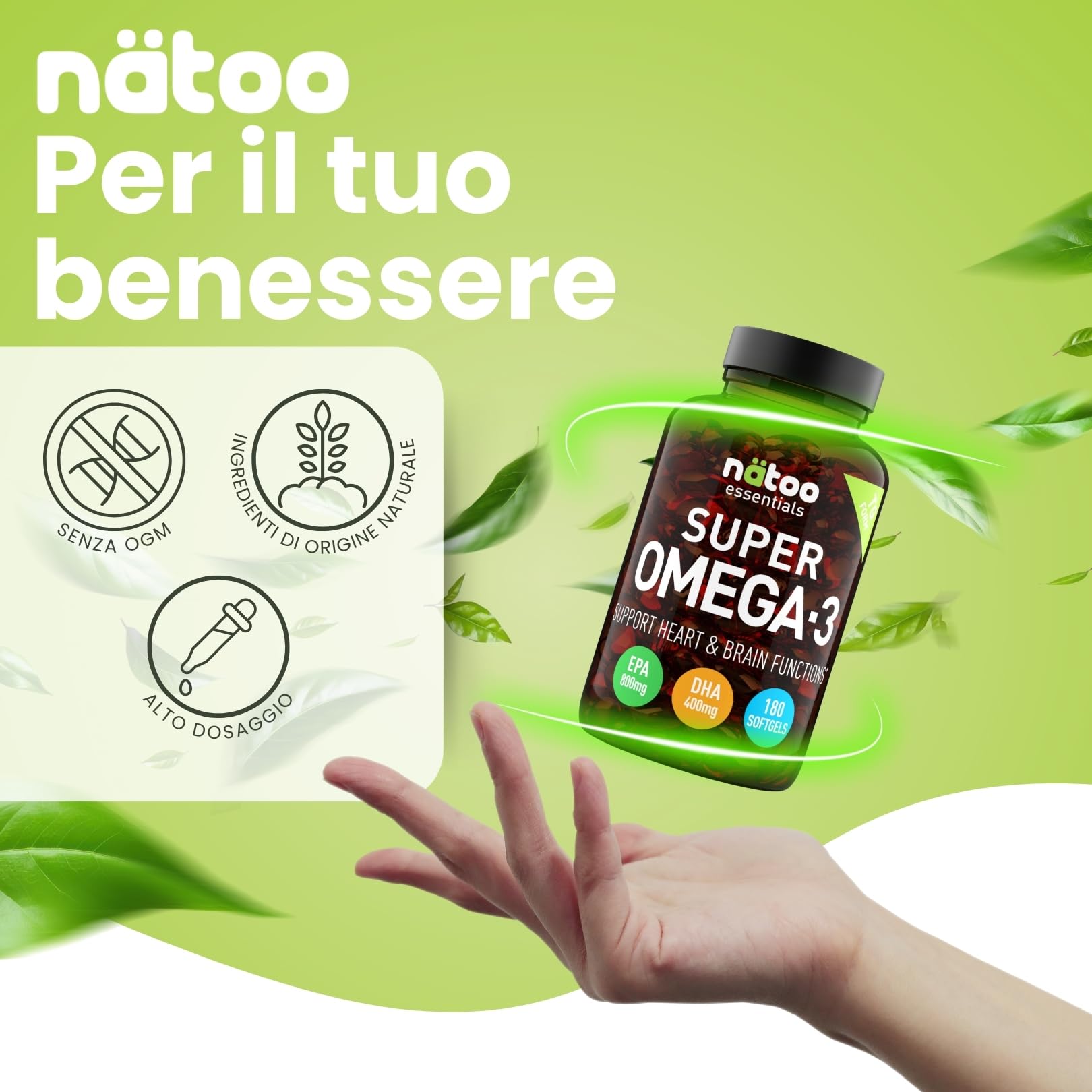 NÄTOO Super Omega 3 1500mg - Olio di pesce per il benessere di cuore, cervello e vista - Integratori con Olio di Pesce Alto Dosaggio Omega - 3 con Vitamina E, Epa 800mg e Dha 400mg (180 Perle)