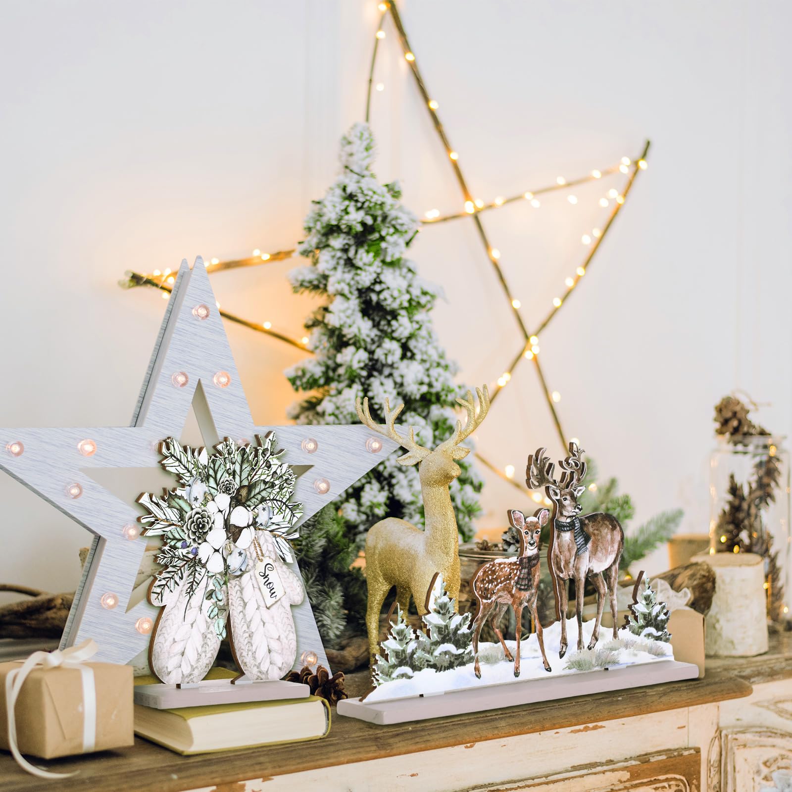 Huwena 5 letreros de decoración de mesa de Navidad, centros de mesa de Navidad, letrero de alegría, decoraciones de Navidad, guantes de muñeco de nieve, reno, para decoración de invierno, nieve