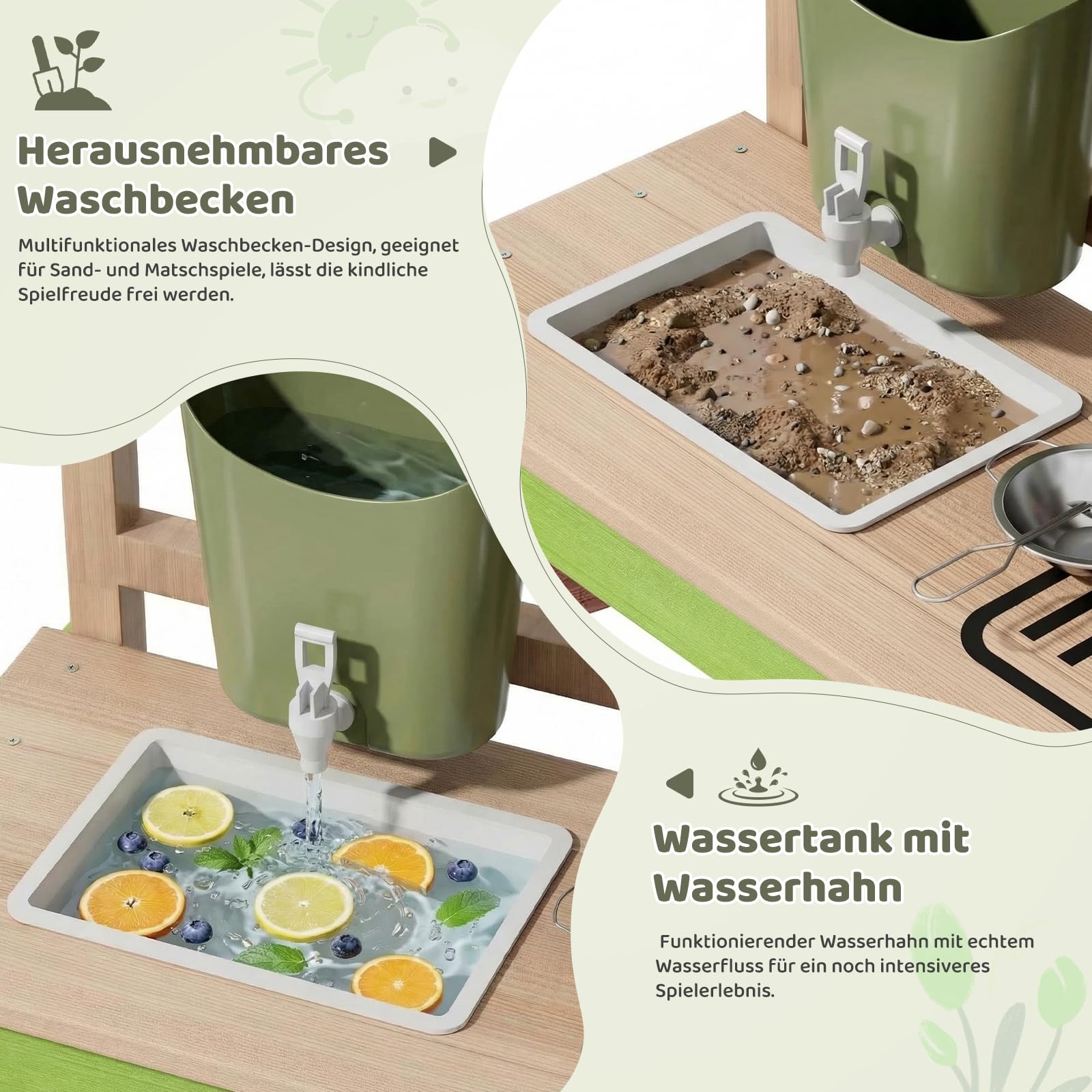 MAMIZO Cucina per Bambini da Esterno, Cucina Giocattolo in Legno con Ruote, Rubinetto Funzionante, 4PCS Vasi per Piante, Lavagna, Ripiani e Accessori Cucina, 88,5x33,5x85 cm, per Bambini +3 Anni