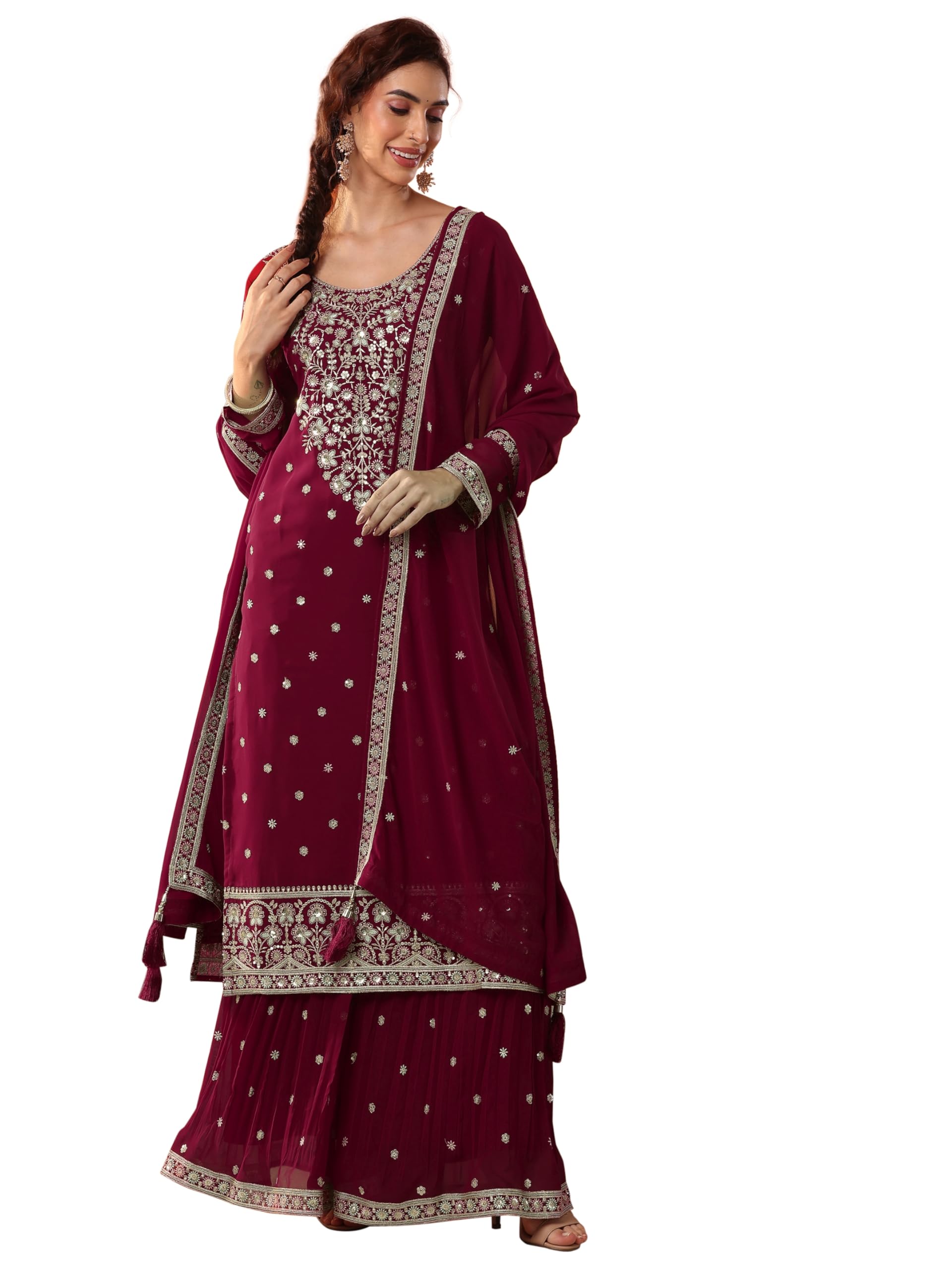 libas art Womens Embroidered Georgette Straight Kurta With Palazzos and Dupatta-picture-15