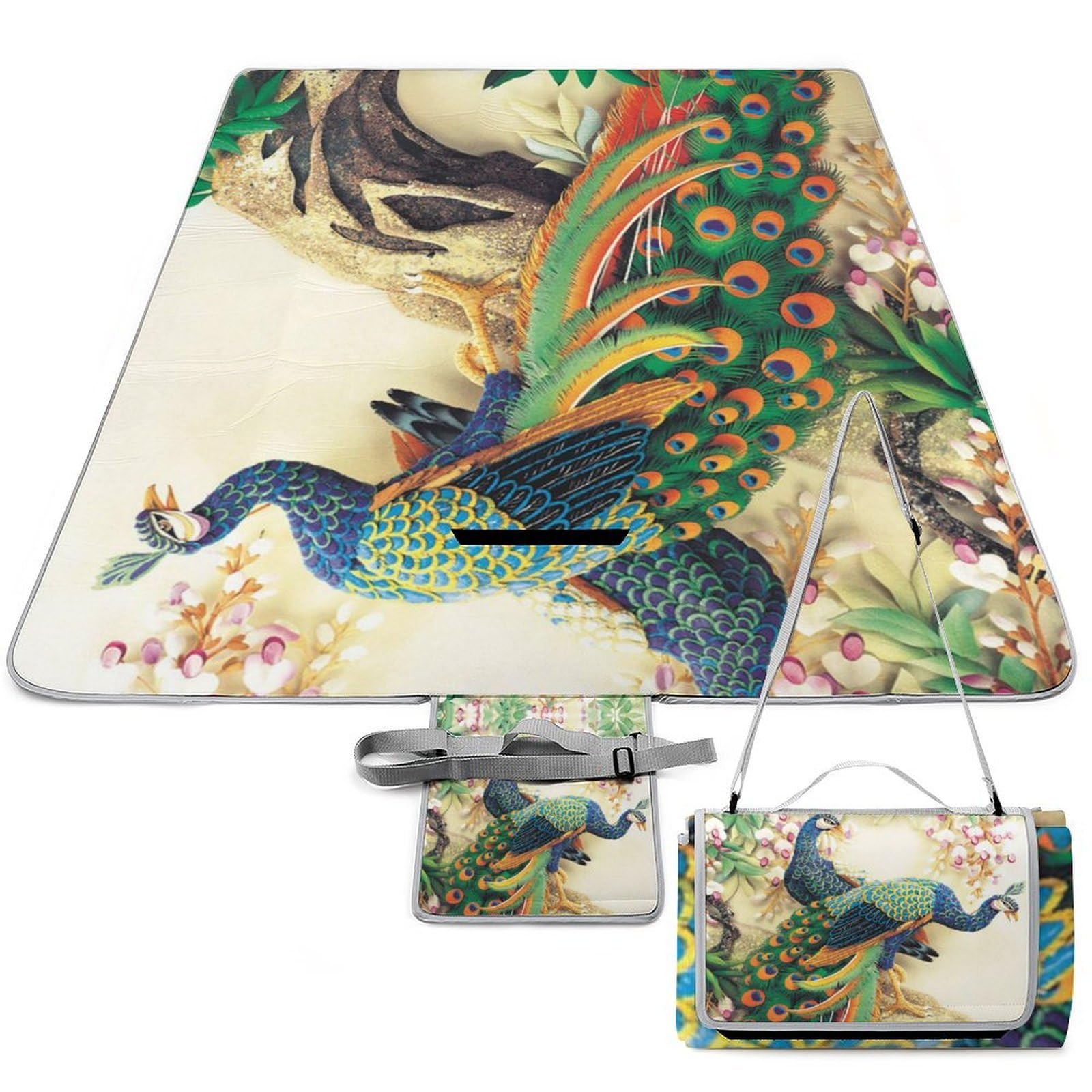 Tapis de pique-nique paon oriental 148 x 148 cm au design floral haut de gamme