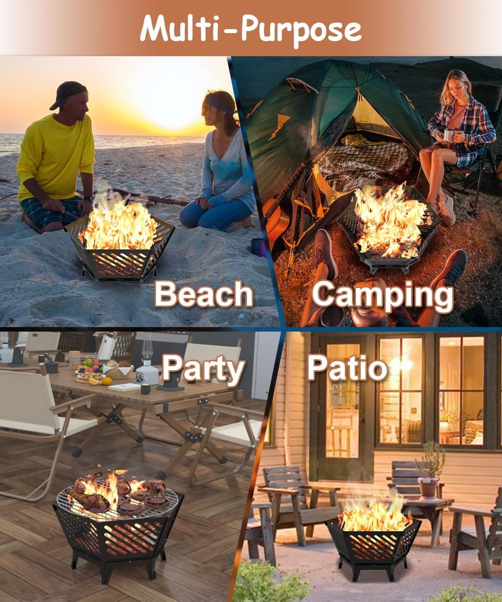Artigarden Brasero portable à paroi épaisse de 57 cm pour camping, avec sac de voyage - Brasero pour terrasse, jardin, barbecue, feu de camp