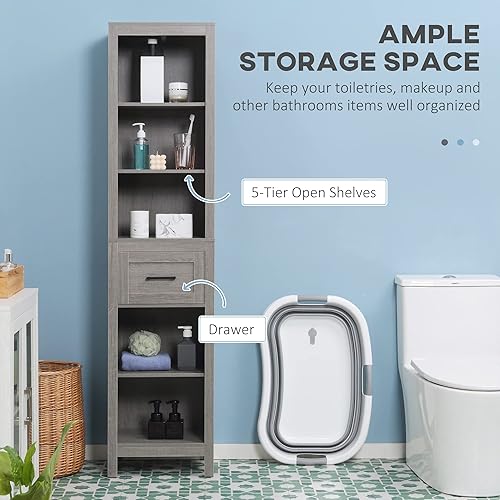 Miniatura 5 de kleankin Armario de almacenamiento estrecho para baño con cajón y estante de 5 niveles, toalla de lino independiente para armario alto, organizador