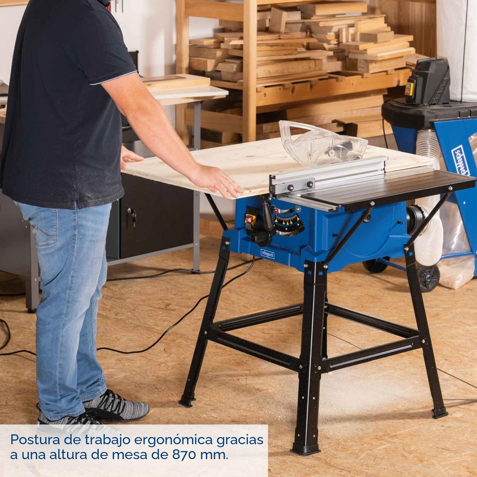 Sierra de mesa HS110 Scheppach - 230V 50Hz 2000W marca CEVIK | Altura de corte hasta 87 mm. Incluye protector de cuchilla, guía de esquina y guía paralela