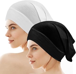 2PCS Hijab Cap Women Hijab Undercaps No Slip Stretch Bonnet Cap Turban Tube Inner Beanies for Islamic Muslim(Black+ White, 11.41×7.08 Inches)