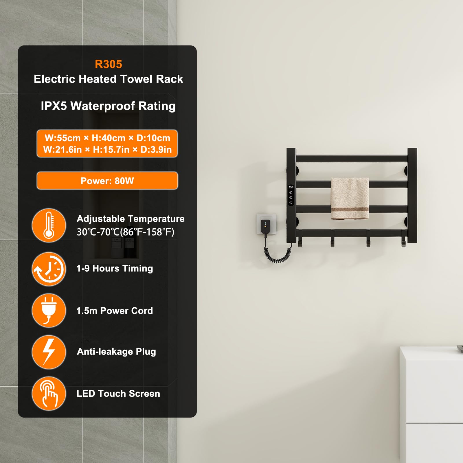 Radiador de Toallas 550x350mm Toallero Eléctrico Bajo Consumo Secador de Toallas Radiador Toallero eléctrico Inteligente, IP24, Temperatura Ajustable 30 ℃-70 ℃, 1-9 Horas de Tiempo-Black Left