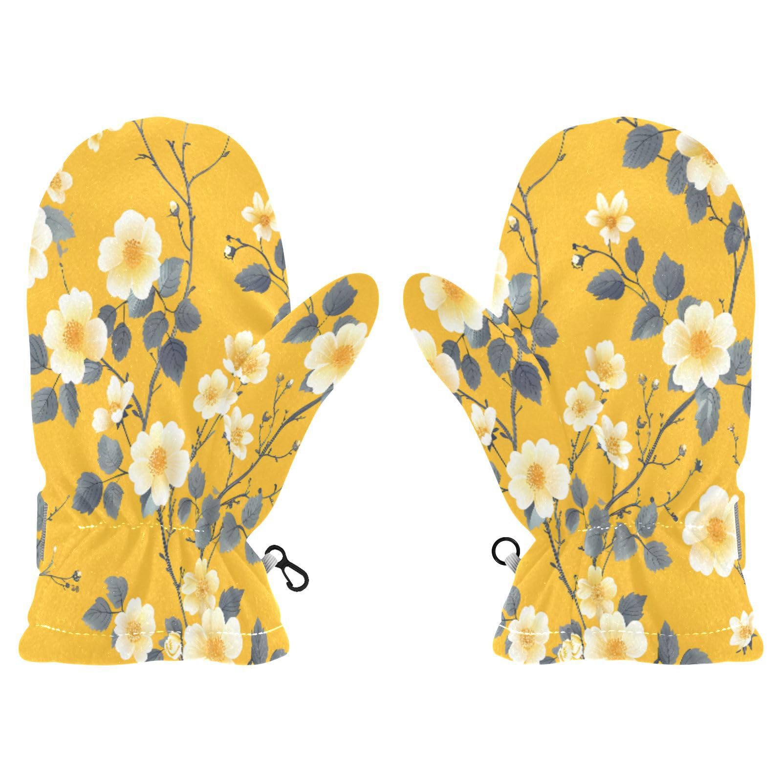 Kid's Winter Gloves Children Warm Gloves White Yellow Leaves Flower for Boys Girl Age 4-6 Years