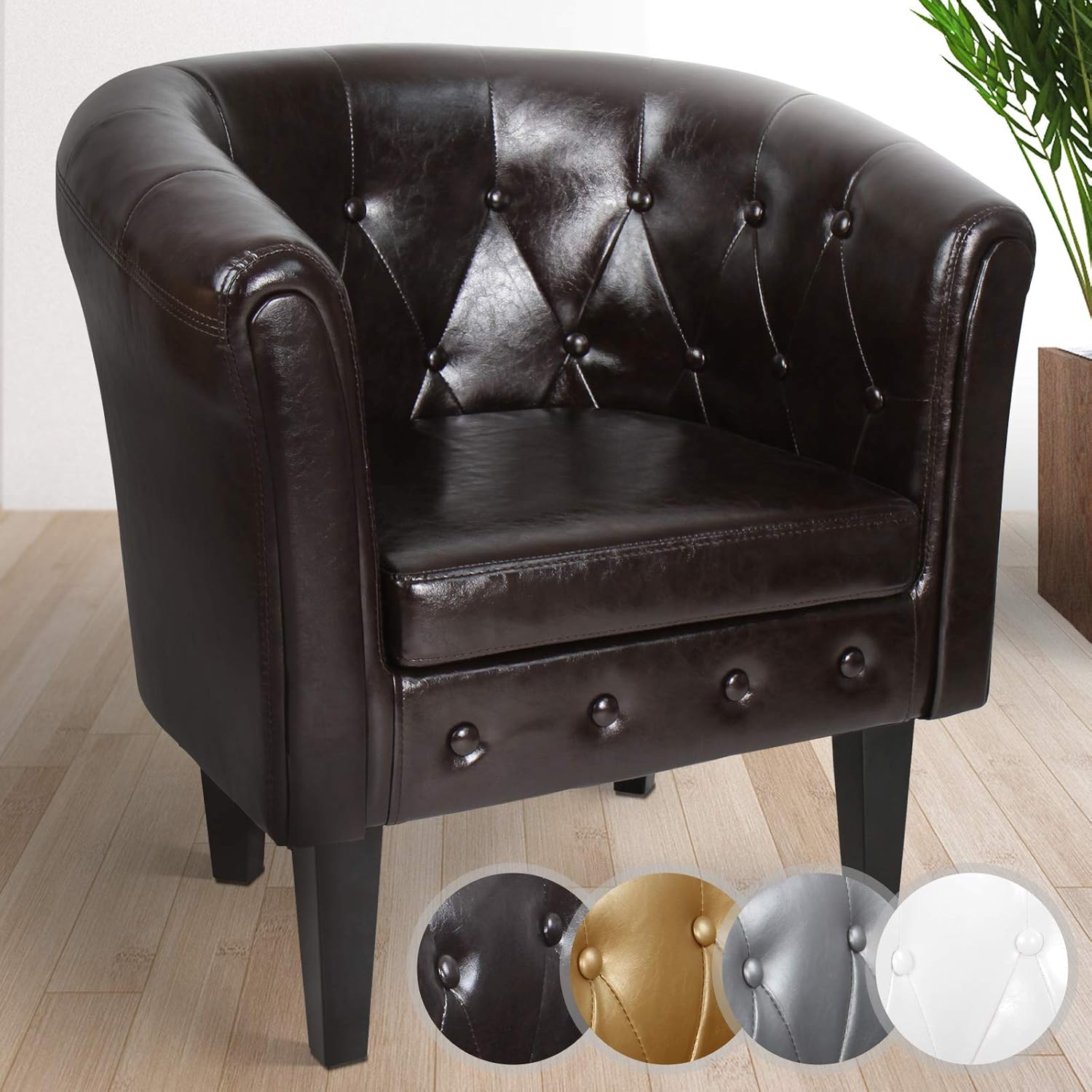MIADOMODO Sillón Chesterfield | Tapizado en Cuero Artificial con Patas de Madera, Set y Color a Elegir | Butaca de Piel Sintética para Dormitorio y Salón, Sofá Chester 1 Plaza (1 Pieza, Marrón)
