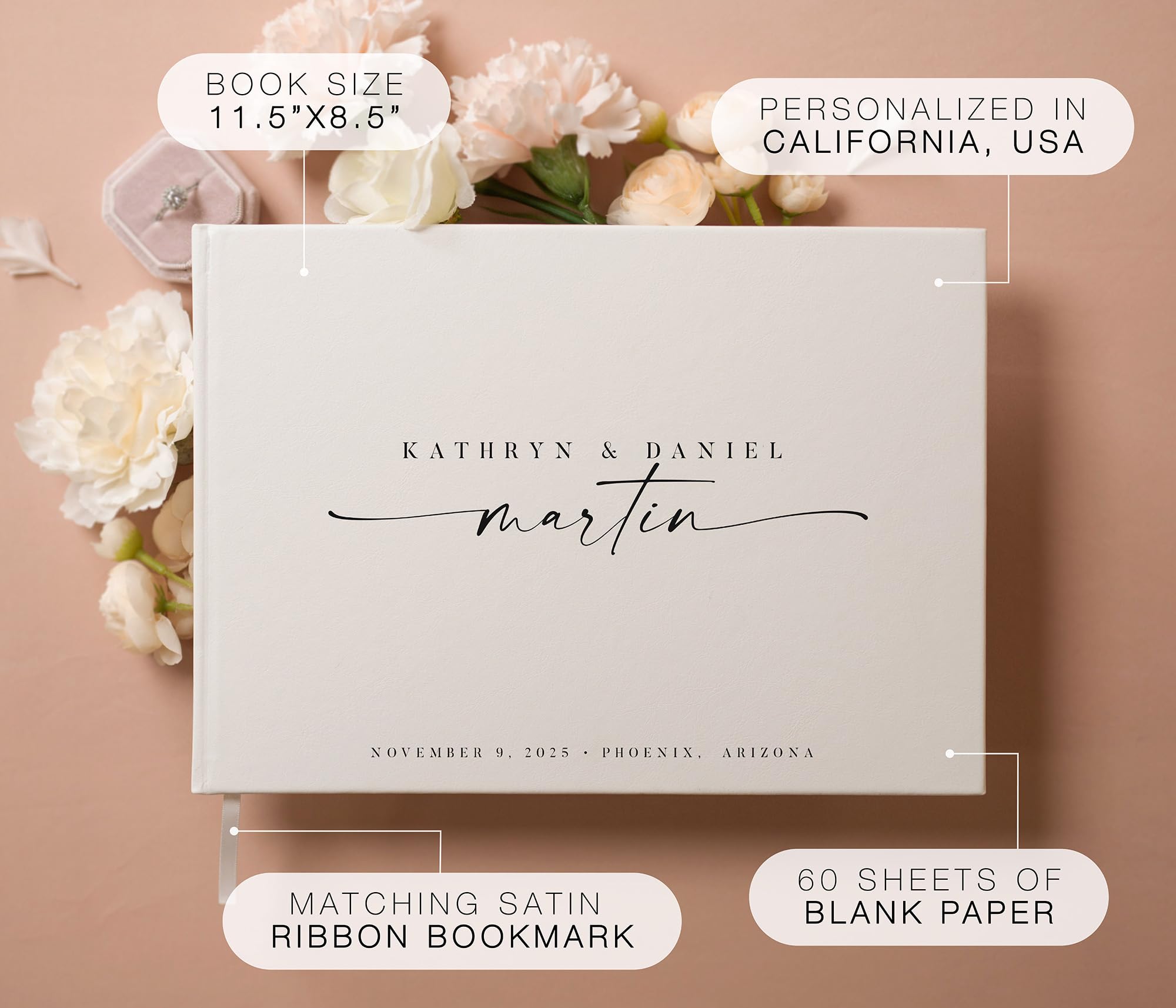 Libro de invitados personalizado, 11.5 x 8.5 pulgadas, nombres personalizados de novia y novio con marcapáginas, calcomanías de esquina de fotos y páginas en blanco, para bodas, libros de invitados,