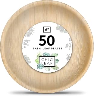 Chic Leaf Palm Leaf Plates Like Bamboo Plates Disposable 6 Inch Round (50 plates) - Appetizer and Dessert Plates Set - 100% Compostable Biodegradable Eco Friendly Plates for Weddings and Party