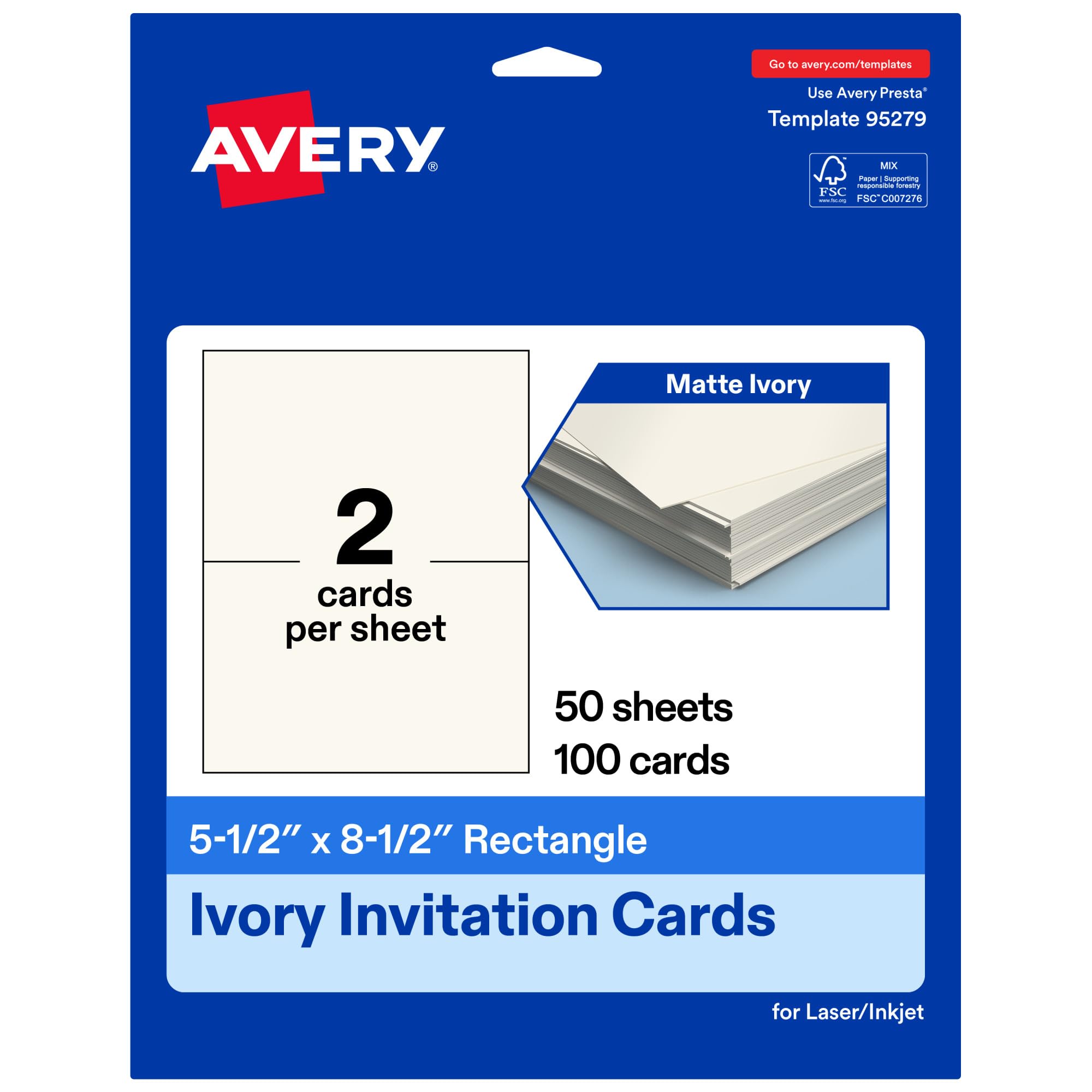 Avery Lot de 100 cartes d'invitation rectangulaires imprimables - 14 x 21,6 cm - Papier cartonné ivoire - Cartes laser/jet d'encre