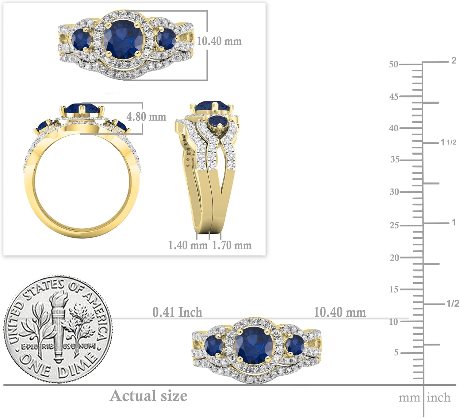 Dazzlingrock Collection 5.5 mm Round Center Gemstone & White Natural Diamond 3 Stone Halo Bridal Engagement Ring Set for Women in 14K Yellow Real Solid Gold