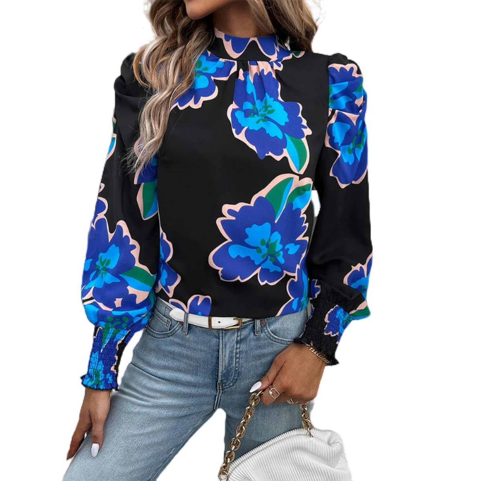 Camisa Estampada Mujer Cuello Redondo Manga Larga Invierno - Fondo Negro Flores Blancas - M