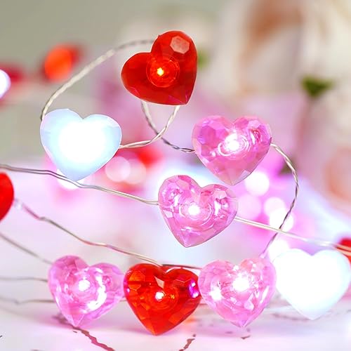 Decoración del día de San Valentín, 10 pies, 40 luces LED, rojo, blanco, rosa, corazón, guirnalda de luces para el día de San Valentín con