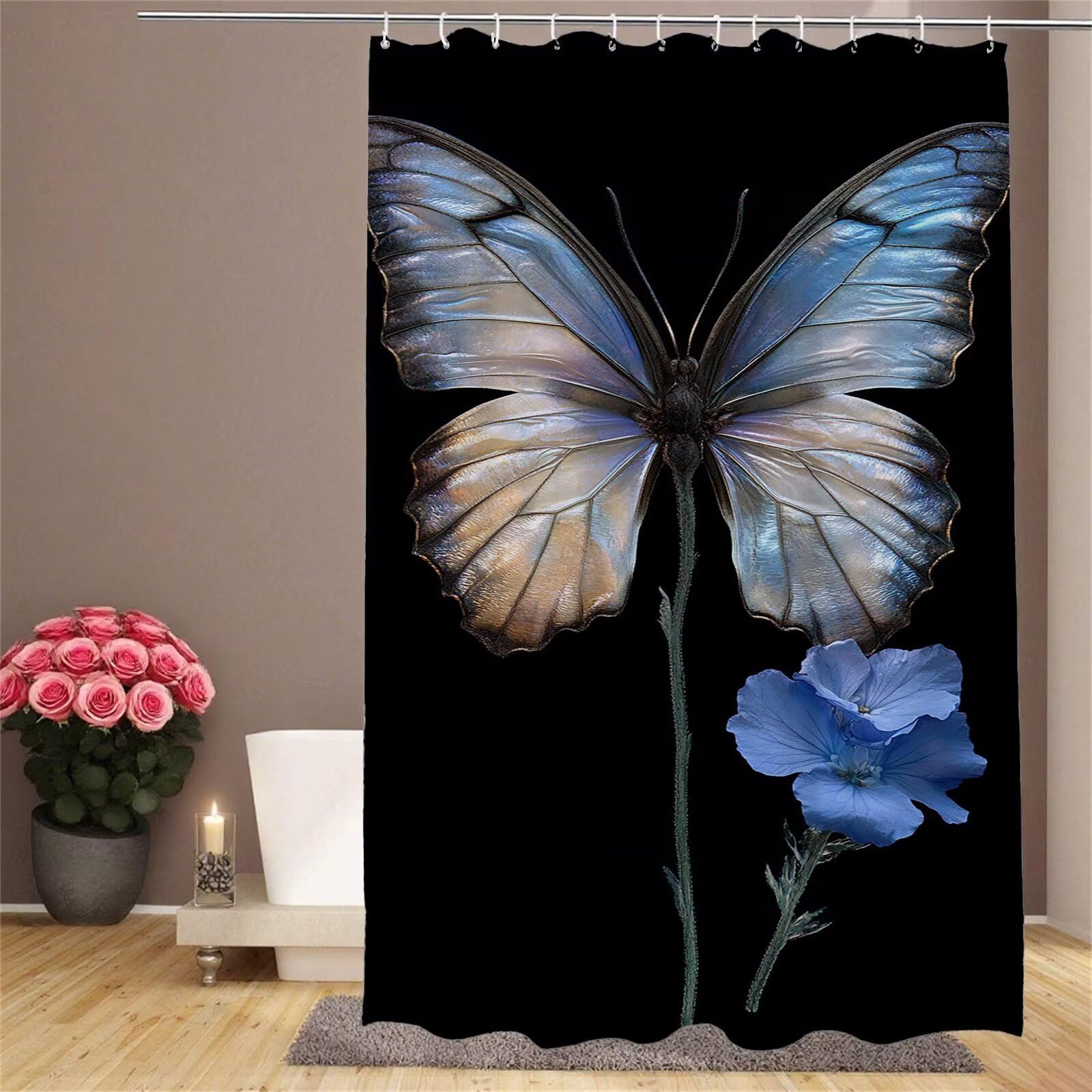 Rideau de douche papillon 120x180cm abstrait en polyester lavable avec 12 crochets