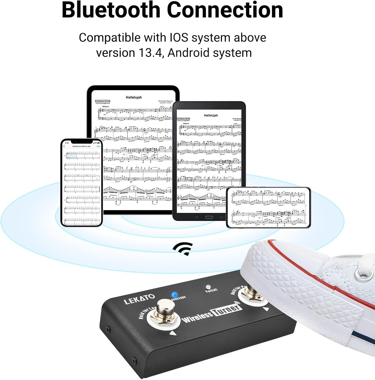LEKATO Wireless Page Turner Pedal connecting via Bluetooth to multiple devices.