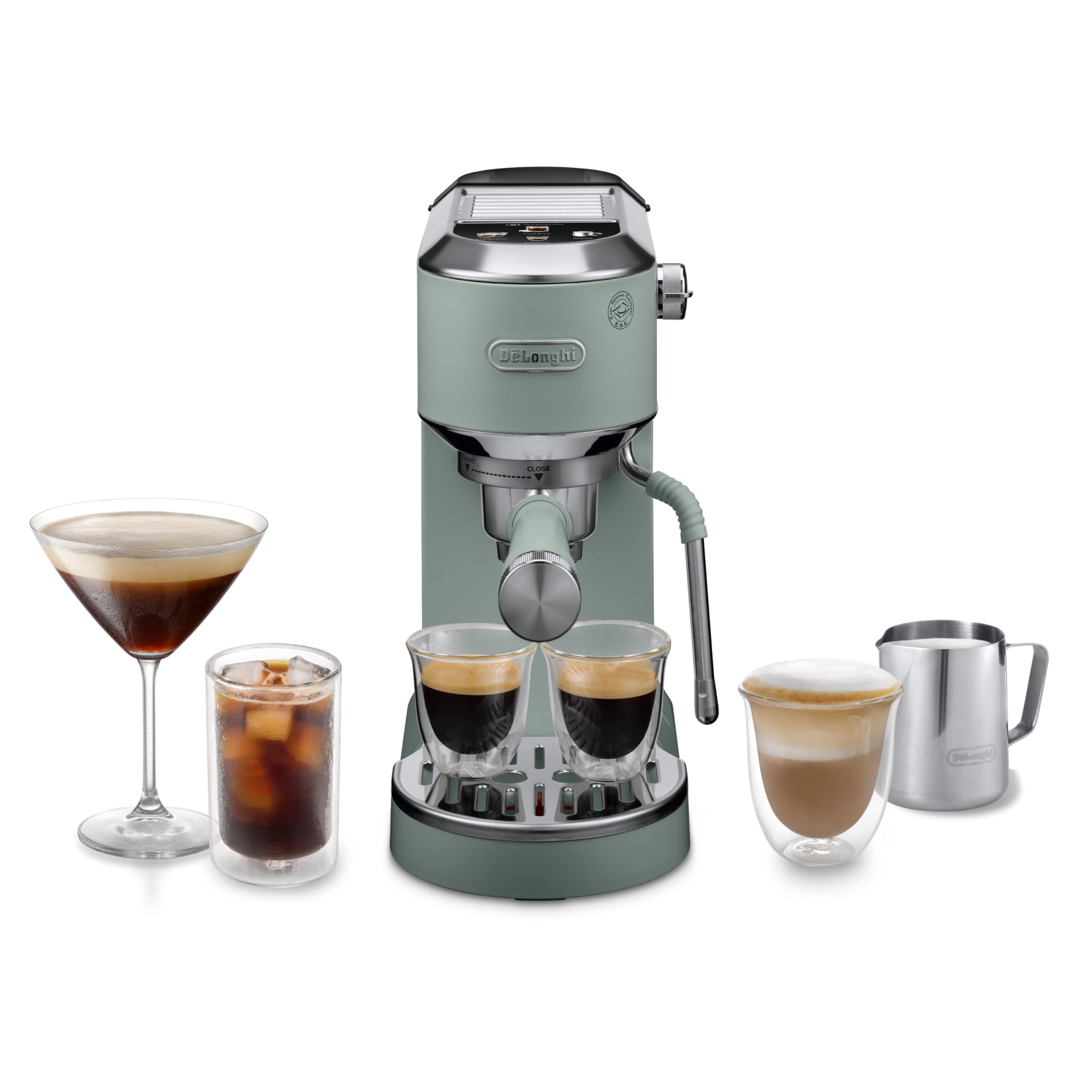 De’Longhi Dedica Duo EC890.GR Barista Coffee Machine with Pump, Espresso and Cold Brew, Manual Machine with Latte Art Steam Wand, 15 cm Wide, 2 Espressos, Touchscreen, Cups up to 13 cm, Green