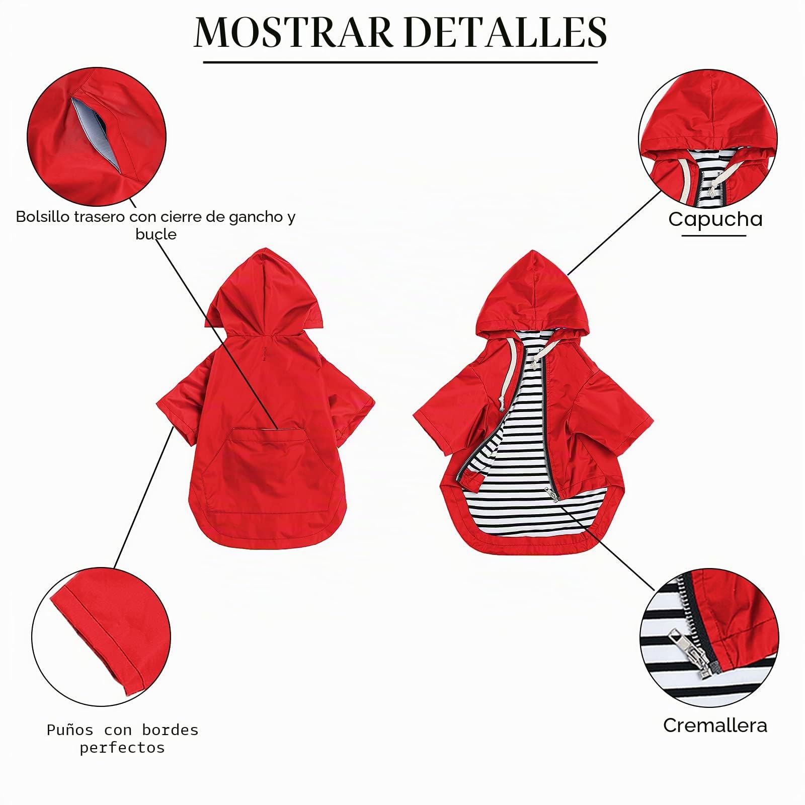 Pethiy - Elegante Chubasquero para perros – Impermeable para perro pequeños y medianos con sombrero y cremallera ,con botones reflectantes, bolsillos, resistente a la lluvia y al agua-Rojo-S