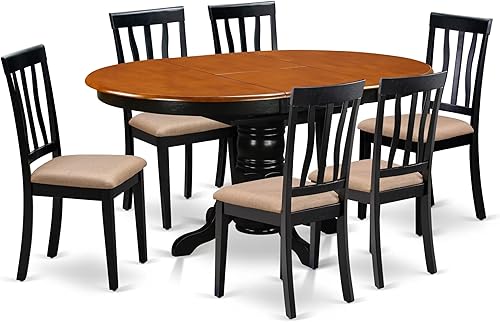 East West Furniture Avon - Juego de comedor de madera de 7 piezas con asiento de lino, color negro y cereza