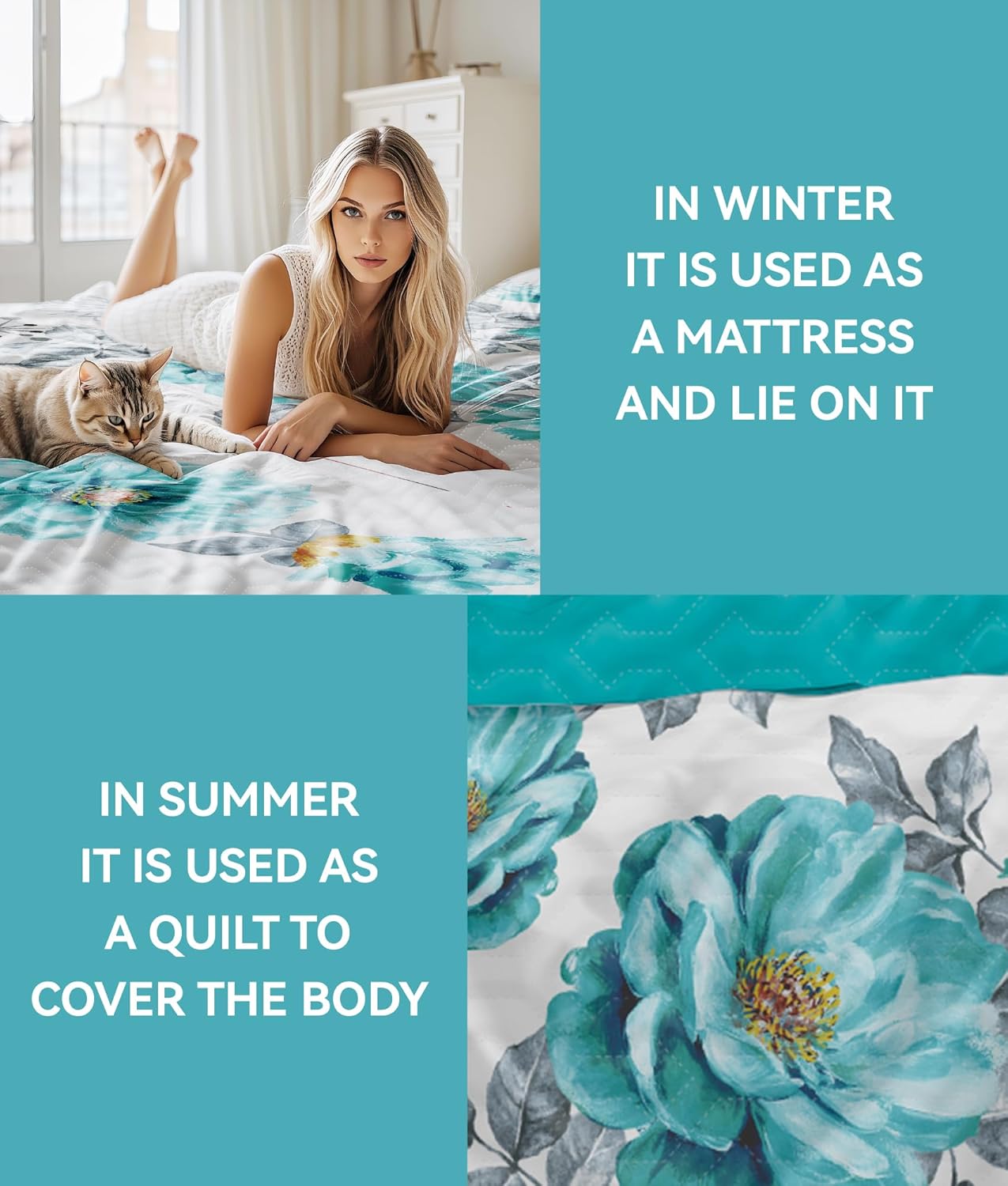 9 Pcs King Bed in A Bag with Curtains | Teal Floral Bedspread, 2 Pillowcases, 2 Print & 4 Solid Curtains | Microfiber, Moisture-Wicking | Bedroom, Hotel | King Size Comforter Set with Curtains