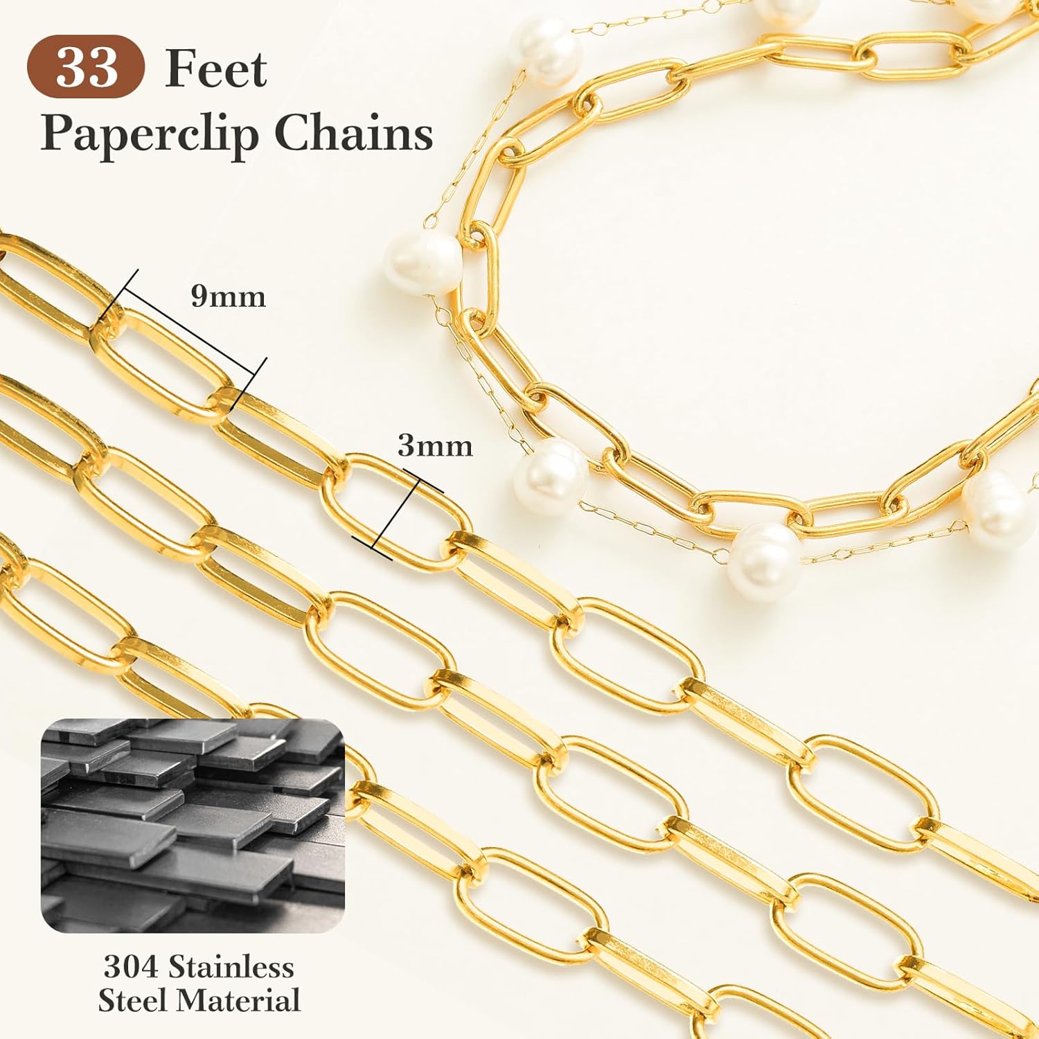 33 Ft 18k Gold Stainless Steel Paperclip Chains Roll - 3mm Width, Gold Plated Chain with Jump Rings & Lobster Clasps - Image 2