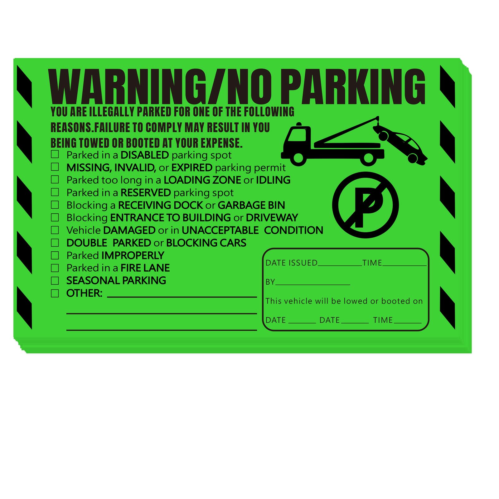 Joyfulmap Green Parking Violation Stickers Hard To Remove, 100Pcs Super Stick No Parking Stickers For Cars And Trucks, Final Notice Tow Warnings, No Parking Stickers, 20.32X12.7cm/8X5 In,