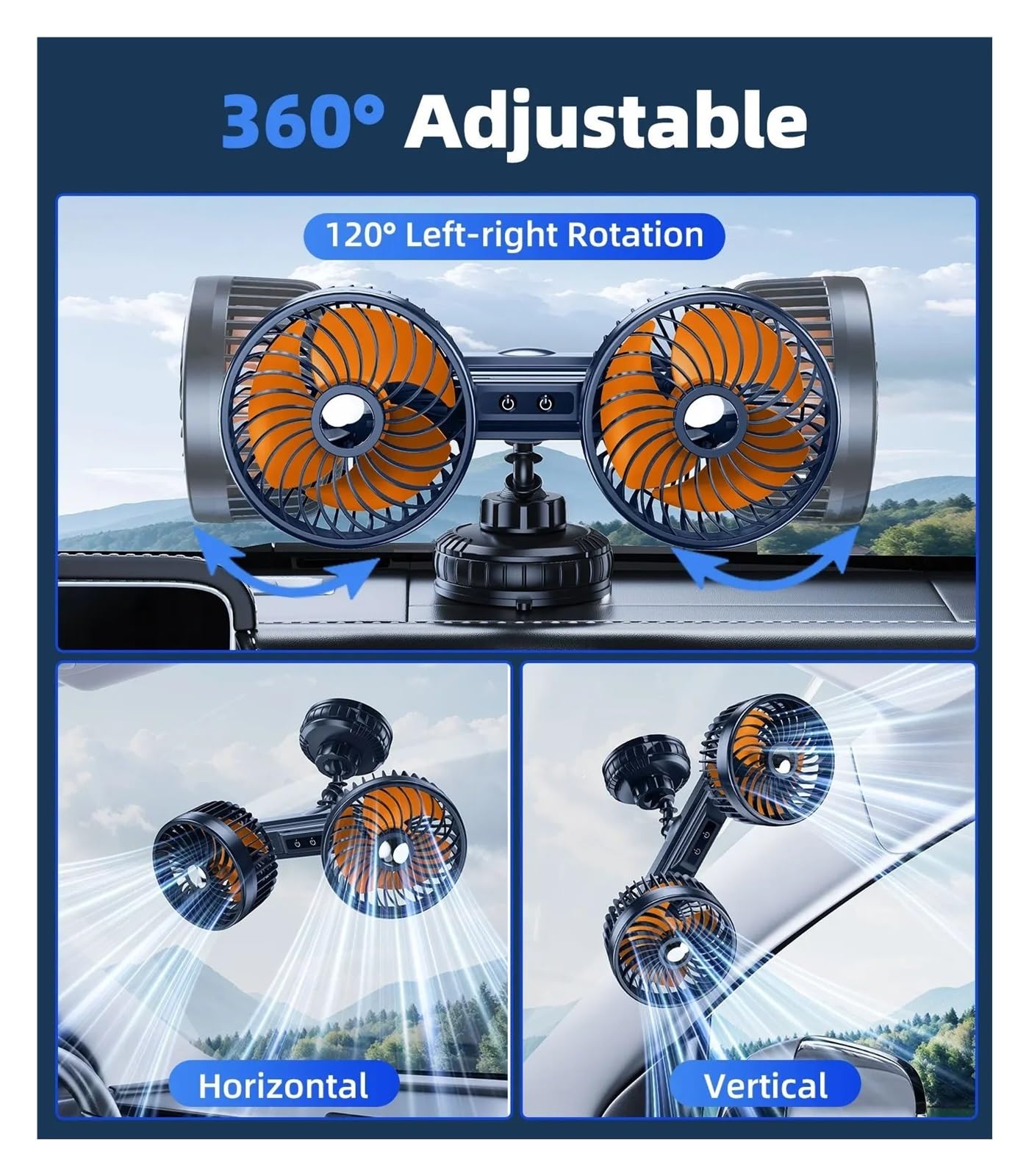 Ventilador Circulador De Aire Interior Doble Cabez Ventosa Ventilador Doble Cabezal Giratorio 360 ​​° Con Batería 4000mAh Viento 3 Velocidades Eléctrico Universal Para Camión 12V/24V