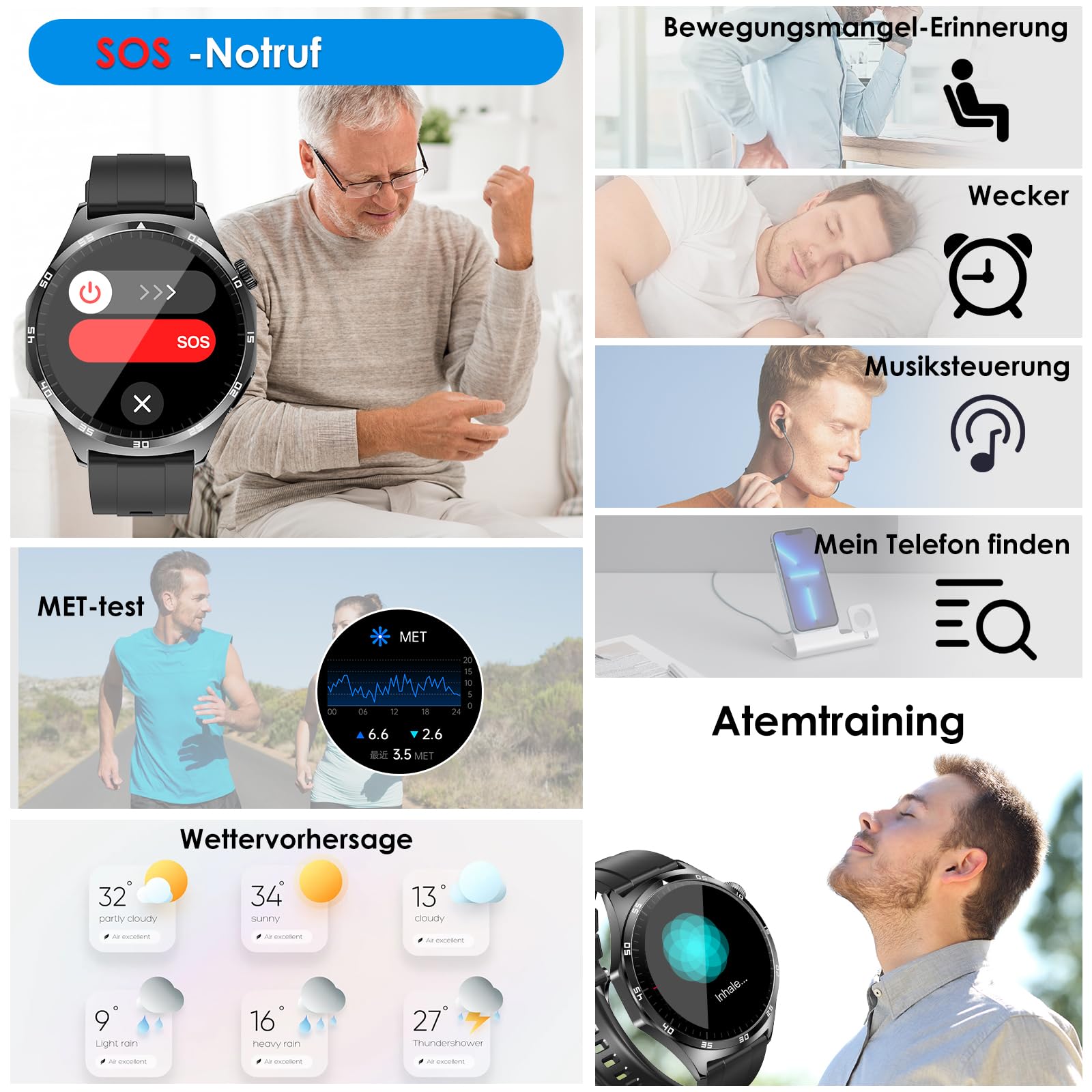2026 Neu Smartwatch Herren mit EKG/Blutdruck/Harnsäure/Schlaf-Monitor/Emotion/Stimmung/BMI Rund 1,43"AMOLED Gesundheitsuhr mit Herzfrequenz SPO2,Bluetooth-Anrufe SOS-Notruf Fitnessuhr für iOS/Android