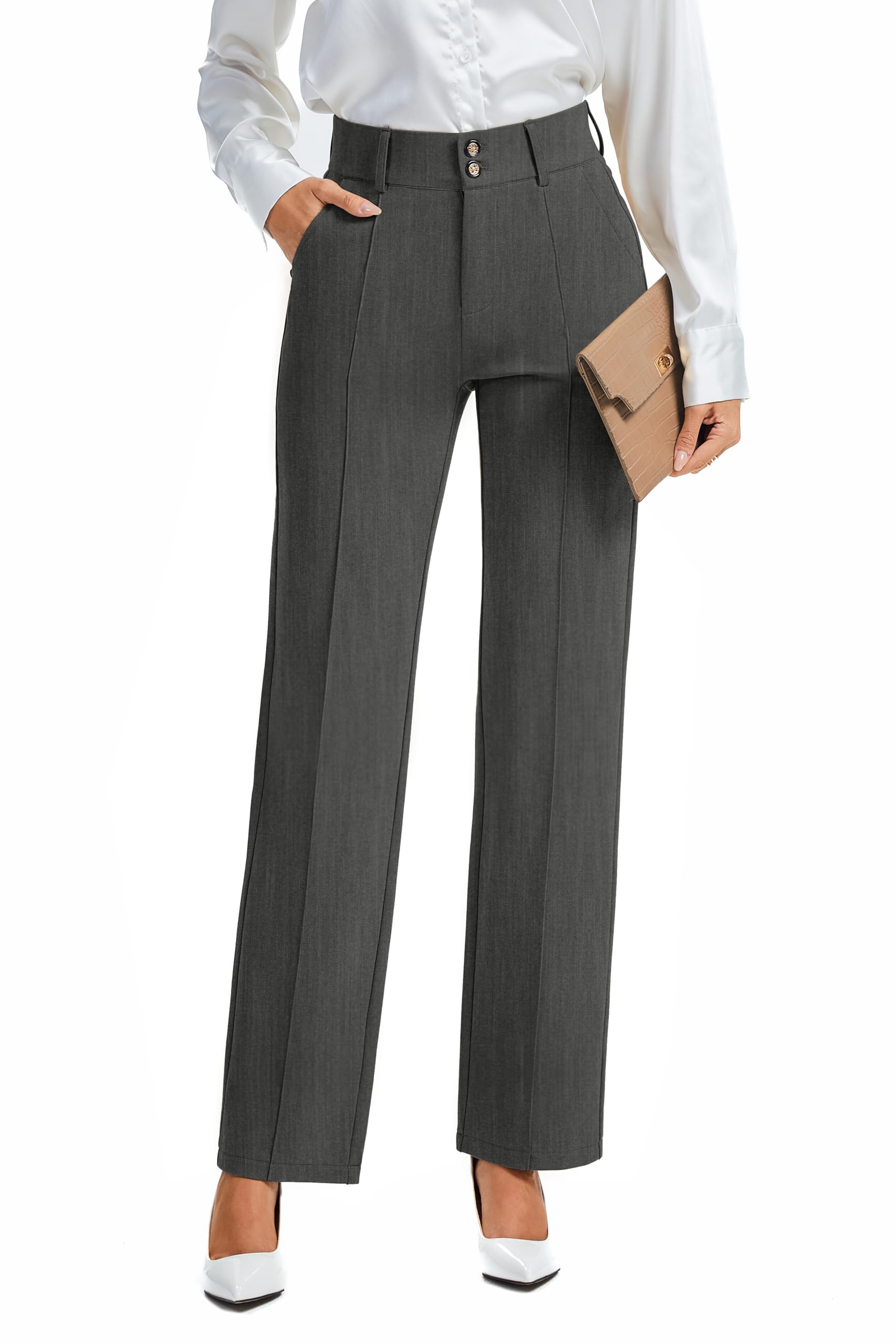 FUNYYZO Dress Pants Womens Stretchy Straight Leg Button Slacks Trousers with Pockets Casual Pants