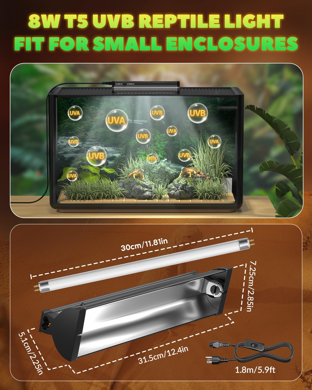 GlowUp 8W T5 10.0 UVB Reptile Light Combo Kit for Tropical Desert Reptiles, 12.4 Inch UVB Light Fixture for Bearded Dragon, Lizard, Tortoise, Gecko with HO T5 UVB Tube - image 5