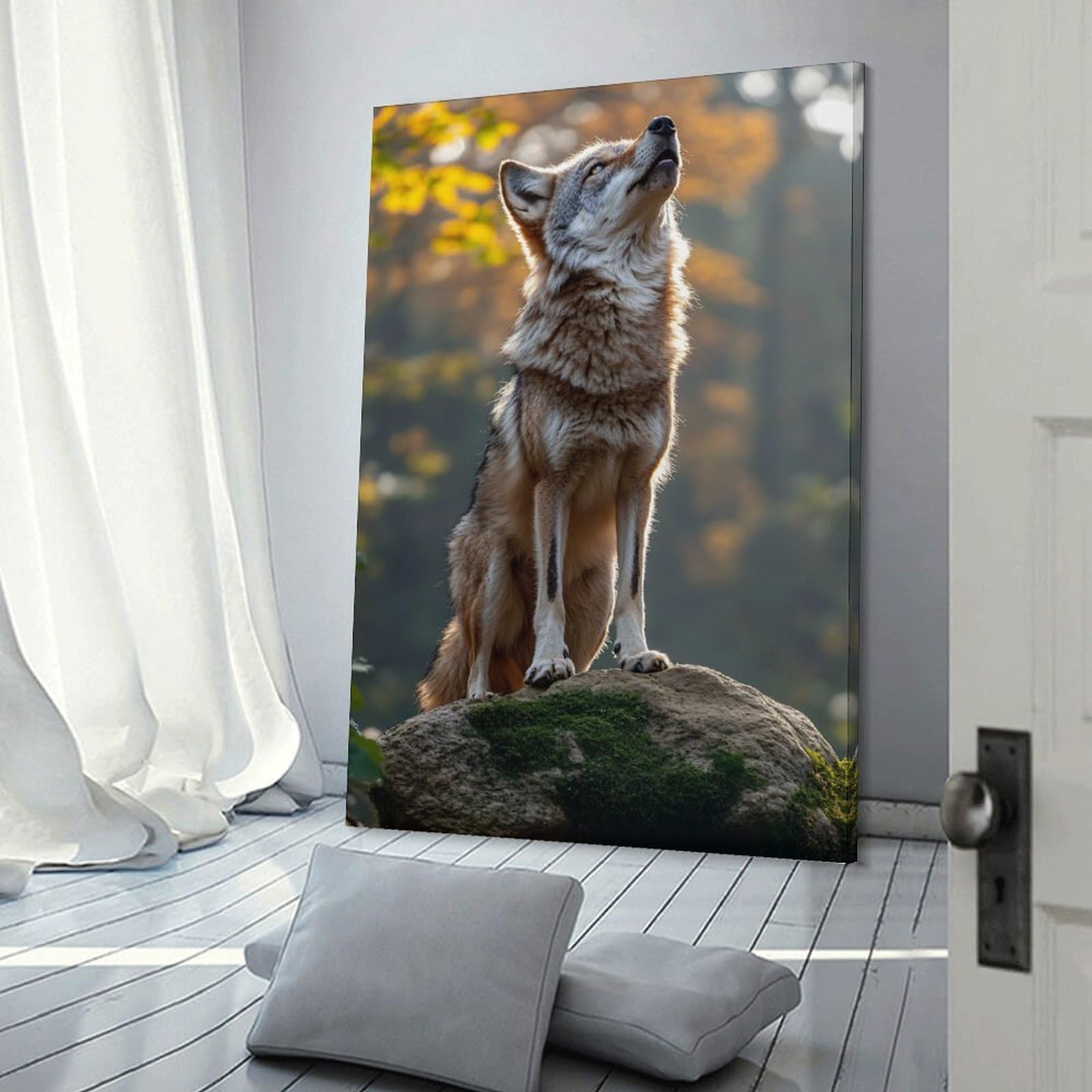 Junmoney Wolf on A Mossy Rock Room Decor Wall Art, 12x18inch(30x45cm), for Feature Walls in Flats Or Modern Rooms, Wall Decor Suited to Curated Displays