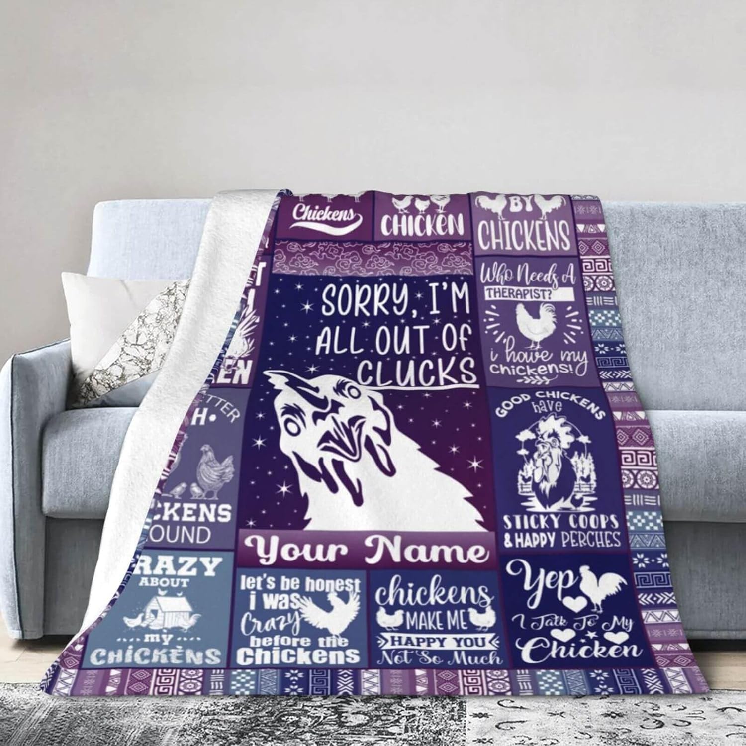 Custom Chicken Blanket for Women Men, Personalized Cute Chicken Themed Purple Throw Blankets for Teens Adults Couch Bed, Giftable Blanket, 60"x 80"
