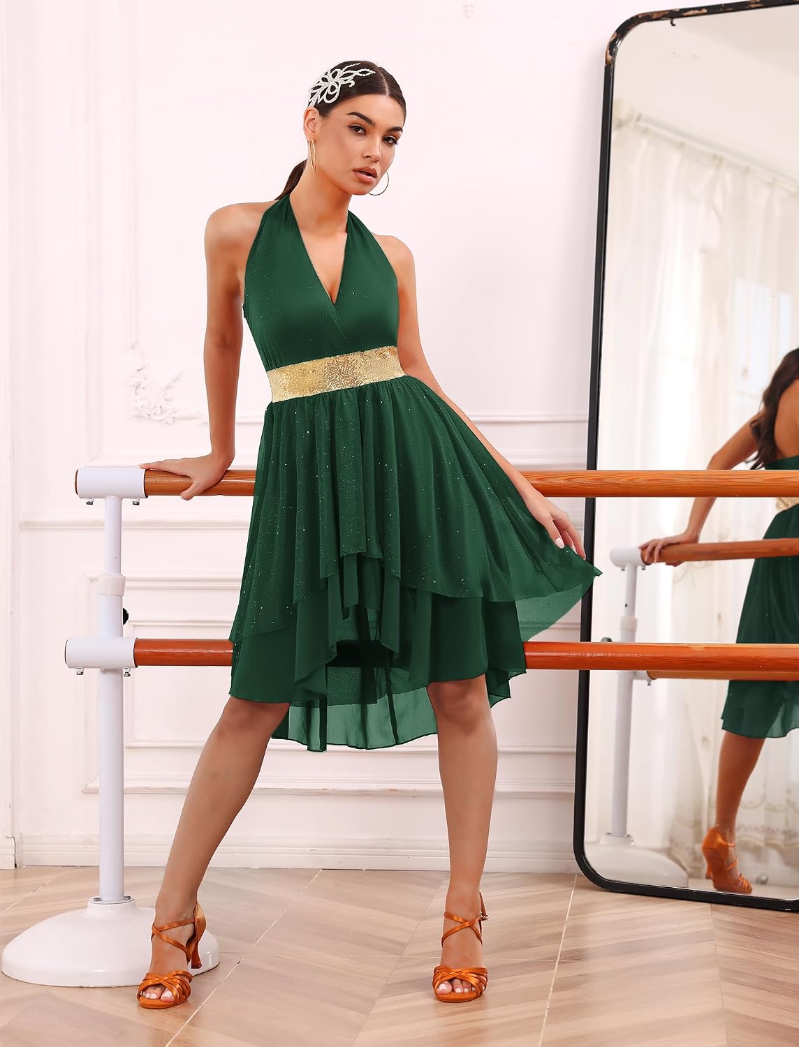 Lyrical Dance Costume for Women Halter V Neck Open Back Shiny Asymmetric Flowy Skirt Sexy Contemporary Dance Outfits