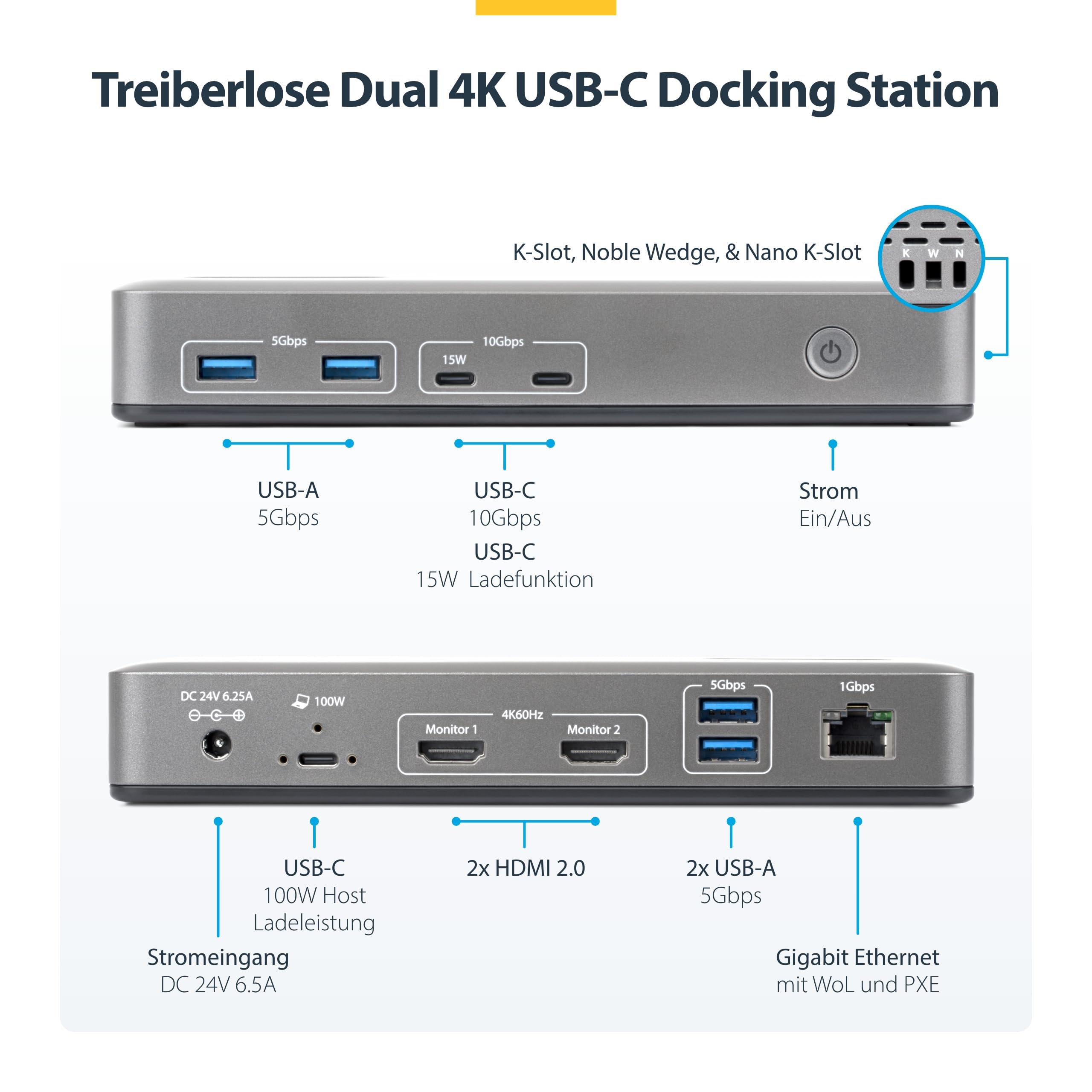StarTech Treiberloses USB-C Dual 4K 60Hz HDMI Windows Dock, 6X 10Gbps USB | Dual-Monitor Dockingstation, unkomprimiertes Video aus nativer GPU, Plug-and-Play ohne Treiber, VESA-Montage, K-Slot