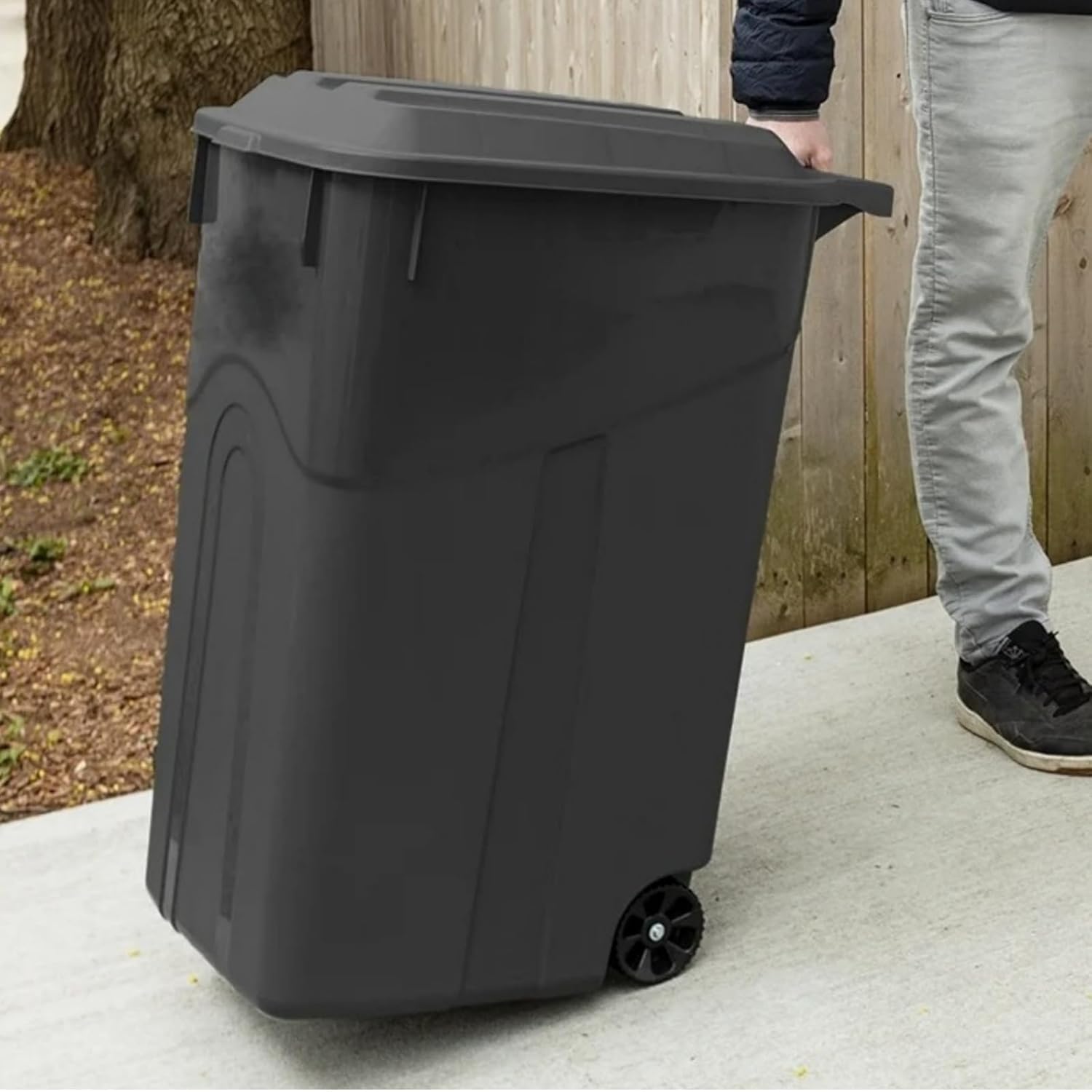Large Capacity 45 Gallon Wheeled Garbage Can with Attached Lid, Heavy Duty Plastic, Black