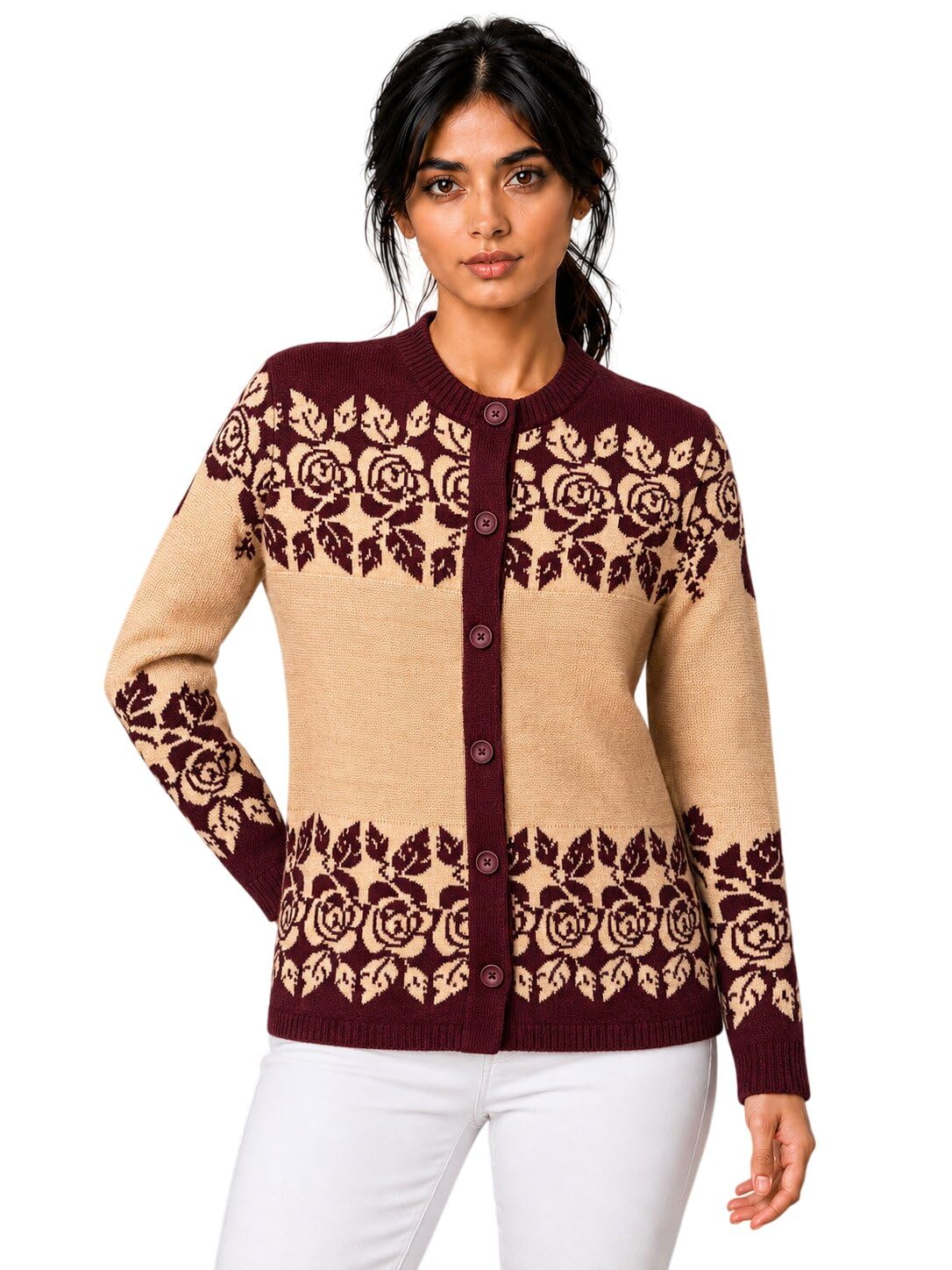 Women Full Sleeve Round Neck Floral Design Acrylic Cardigan Sweater-image-5