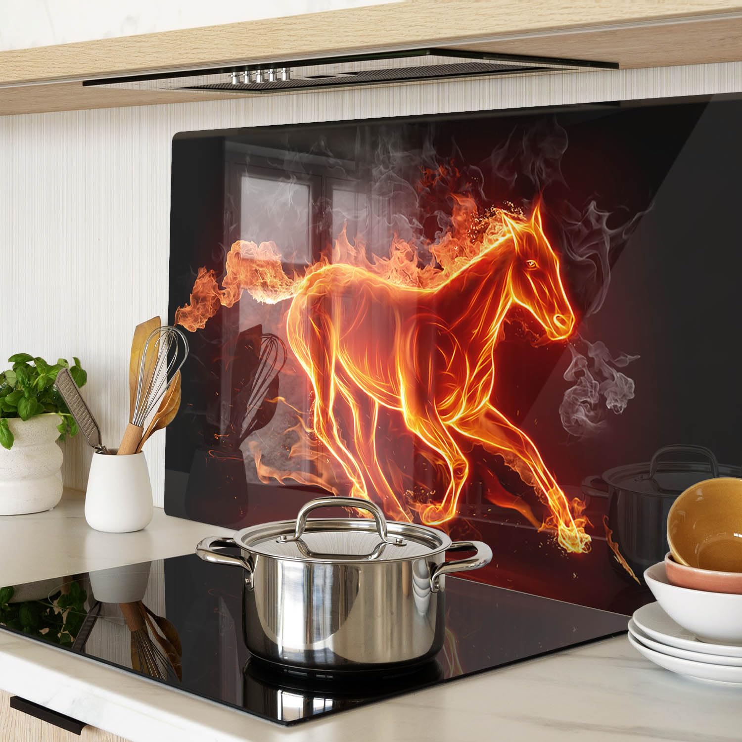 Tagliere in Vetro Temperato 80x52 cm Antigraffio con Piedini Antiscivolo Rettangolare Resistente al Calore Facile da Pulire da Cucina con Stampe Durevole e Igienico - Cavallo in fiamme