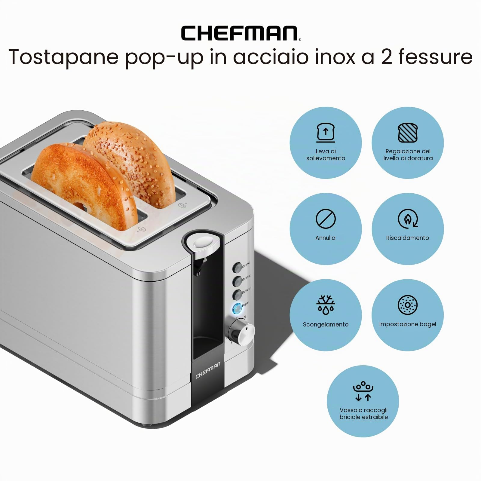 Chefman Tostapane 2 Fette, 7 Impostazioni di Tostatura, Toastiera Pane Spesso e Tostiera Bagel, Riscaldamento, Scongelamento, Annulla, Leva di Sollevamento, Vassoio Raccoglibriciole Estraibile