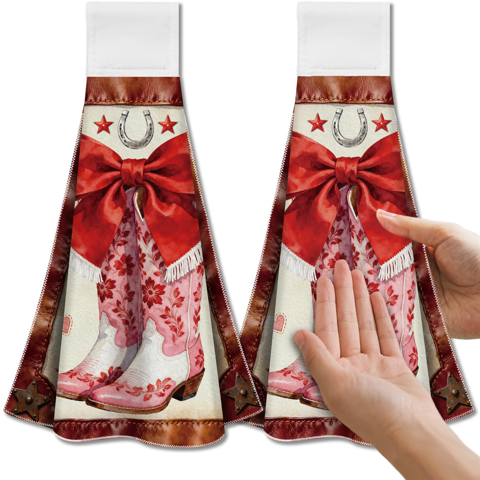 CUTHOLLOW 2 Pcs Pink Cowboy Boots Hanging Kitchen Towels with Loop