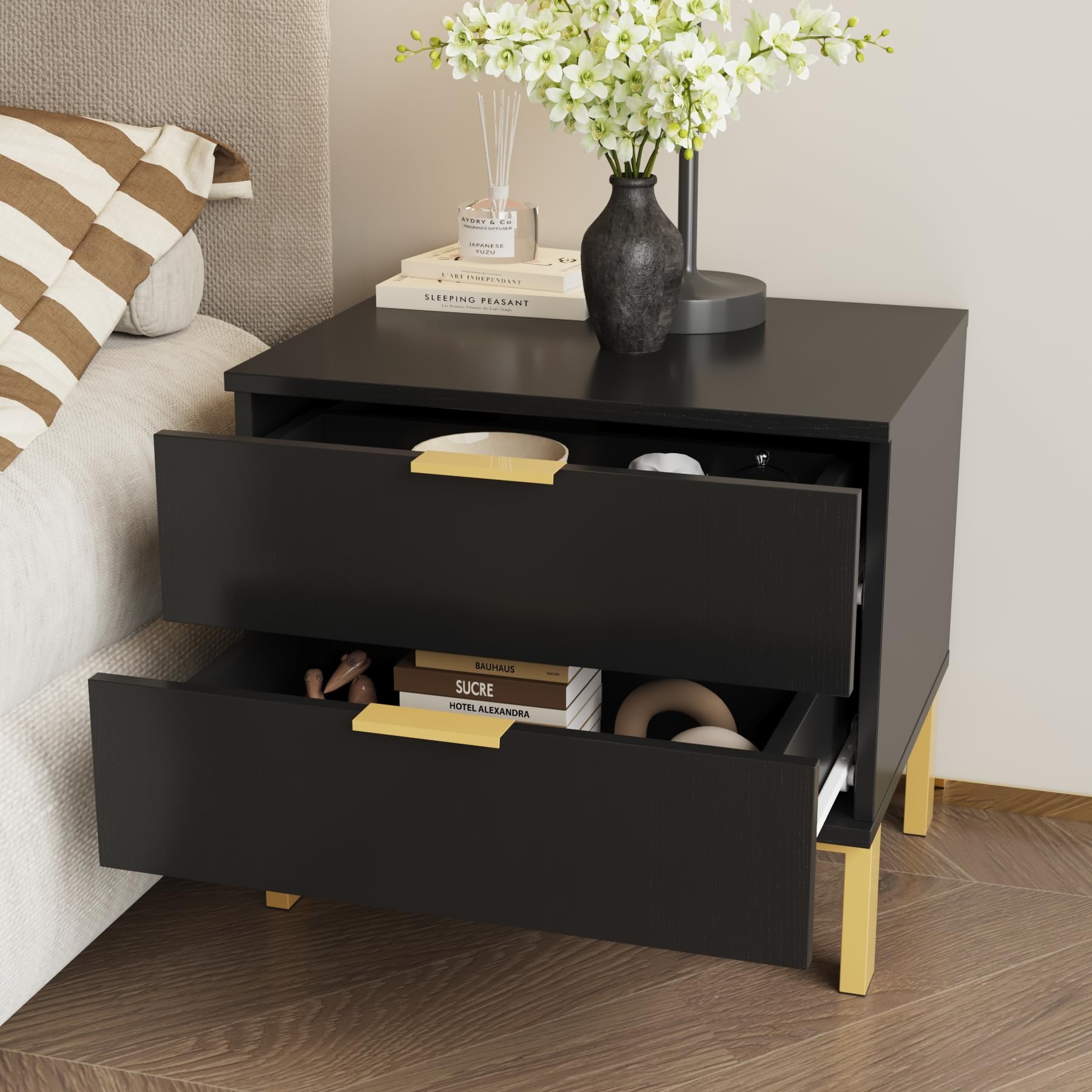 Amazon.com: FUNISIR Black Night Stand with 2 Drawers, Nightstand with ...