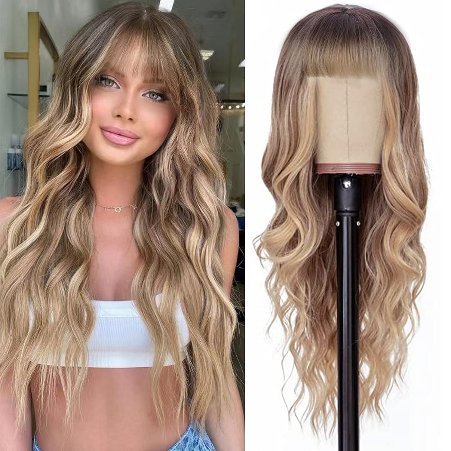 Long Black Wig with Bangs - Wavy Human Hair for Daily Wear