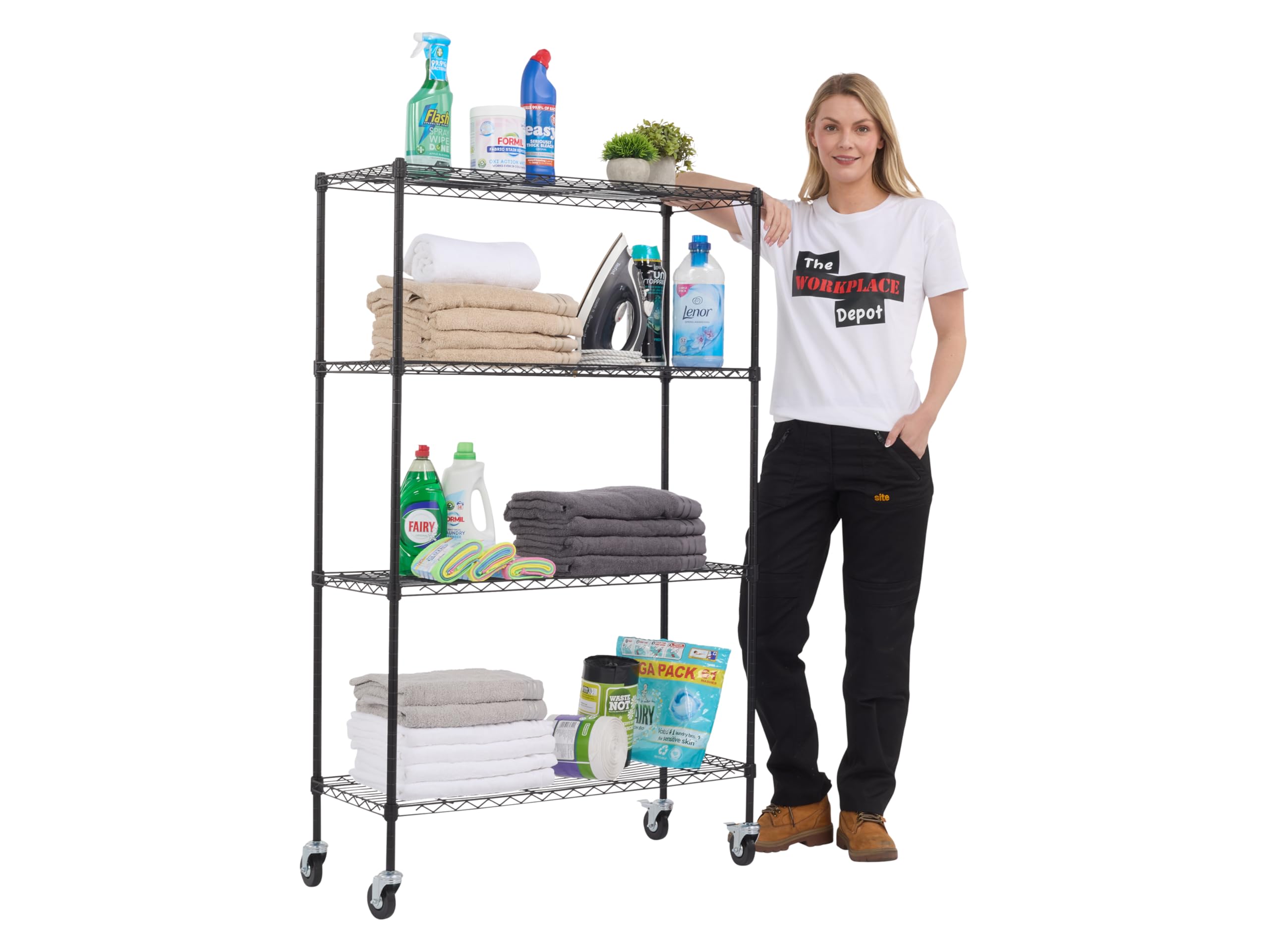 The Workplace Depot Wire Shelving, Black, With Wheels, 4 Tier Metal Unit
