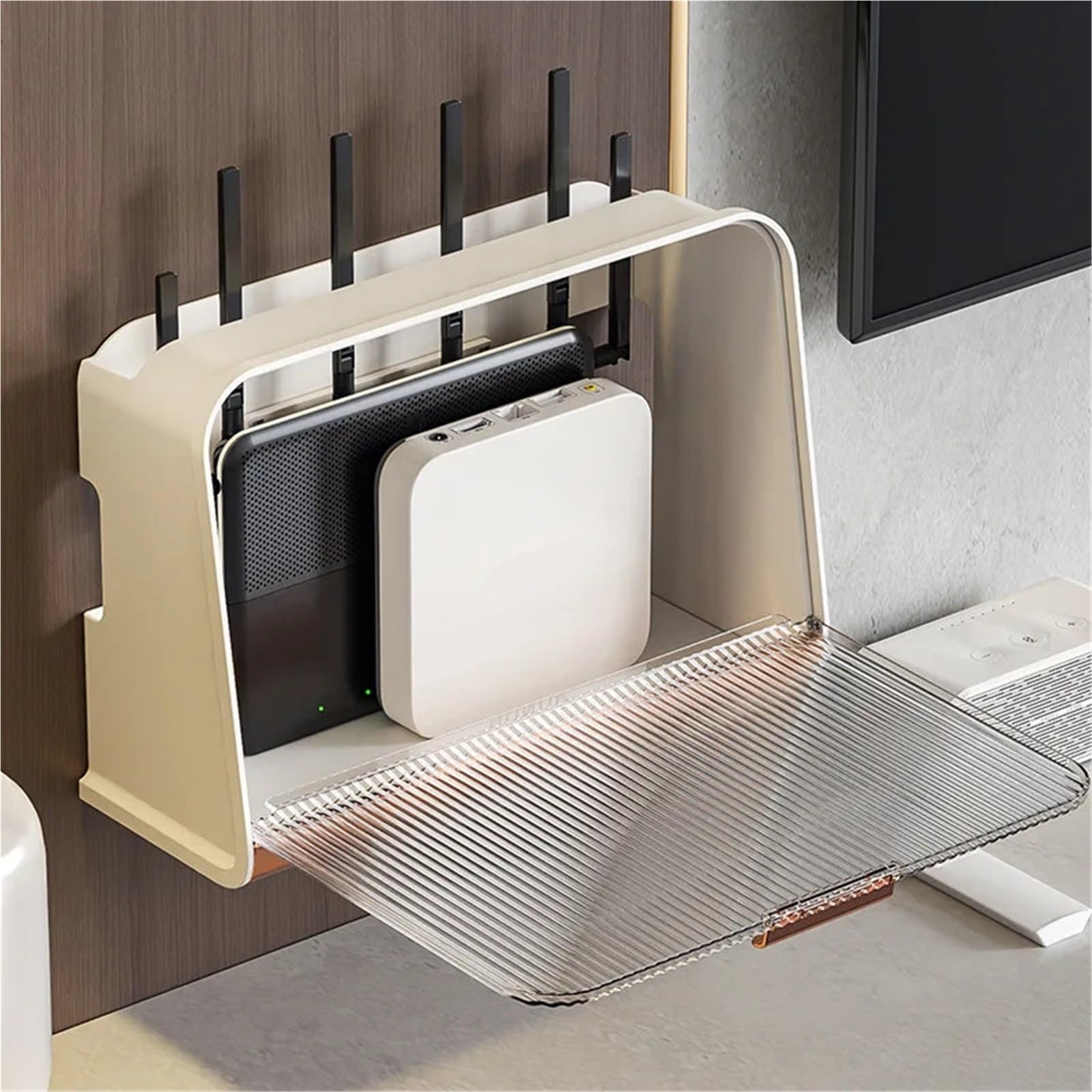 Router Schrank Wandbehang for kabellosen WLAN-Router, Regal, Aufbewahrungsbox, Drahtkabelgehäuse, Stromhalterung, Organizer, Steckerbrett(Beige Set1)