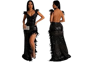 Women's Sequined Feather Maxi Dress for Prom or Cocktail Party 2023