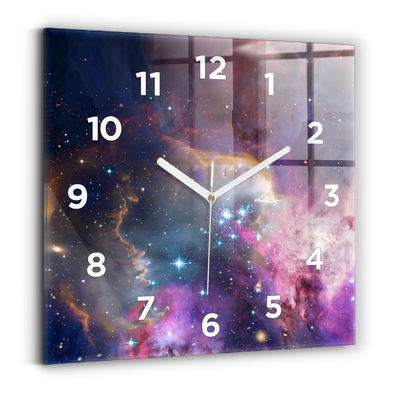Horloge murale carrée 30x30 cm Galaxie et étoiles à mécanisme silencieux Wallfluent