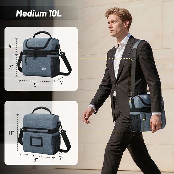 MIER Double Deck Lunch Bag Men with Detachable Shoulder Strap, Blue, 10L