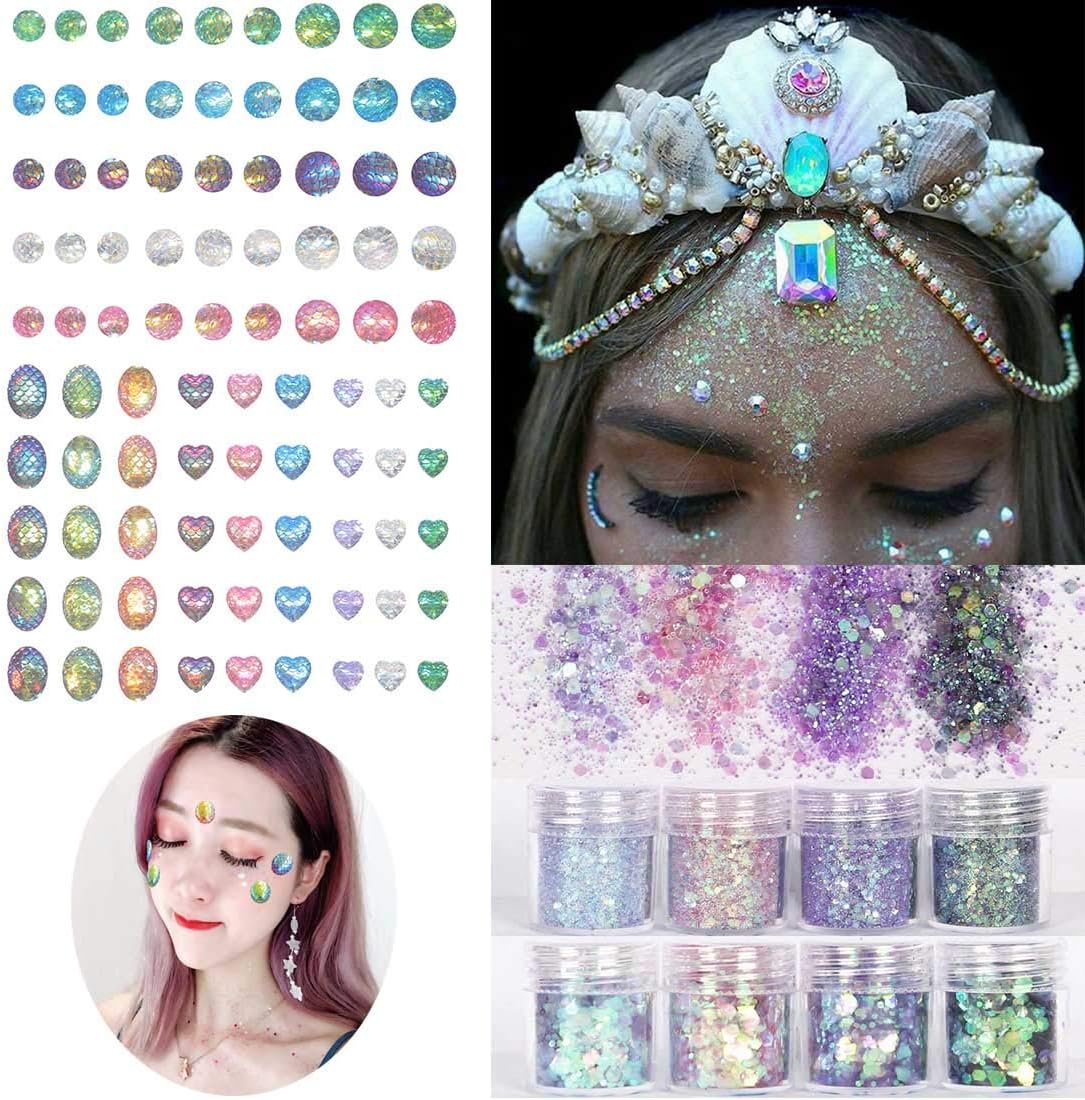 COKOHAPPY 2 Sheets Face Mermaid Rhinestones Sticker Gem with 8 Boxes 10ml Chunky Glitter Ultra-thin Colorful Mixed Paillette - Festival Rave Party Jewel Tattoo Set 5