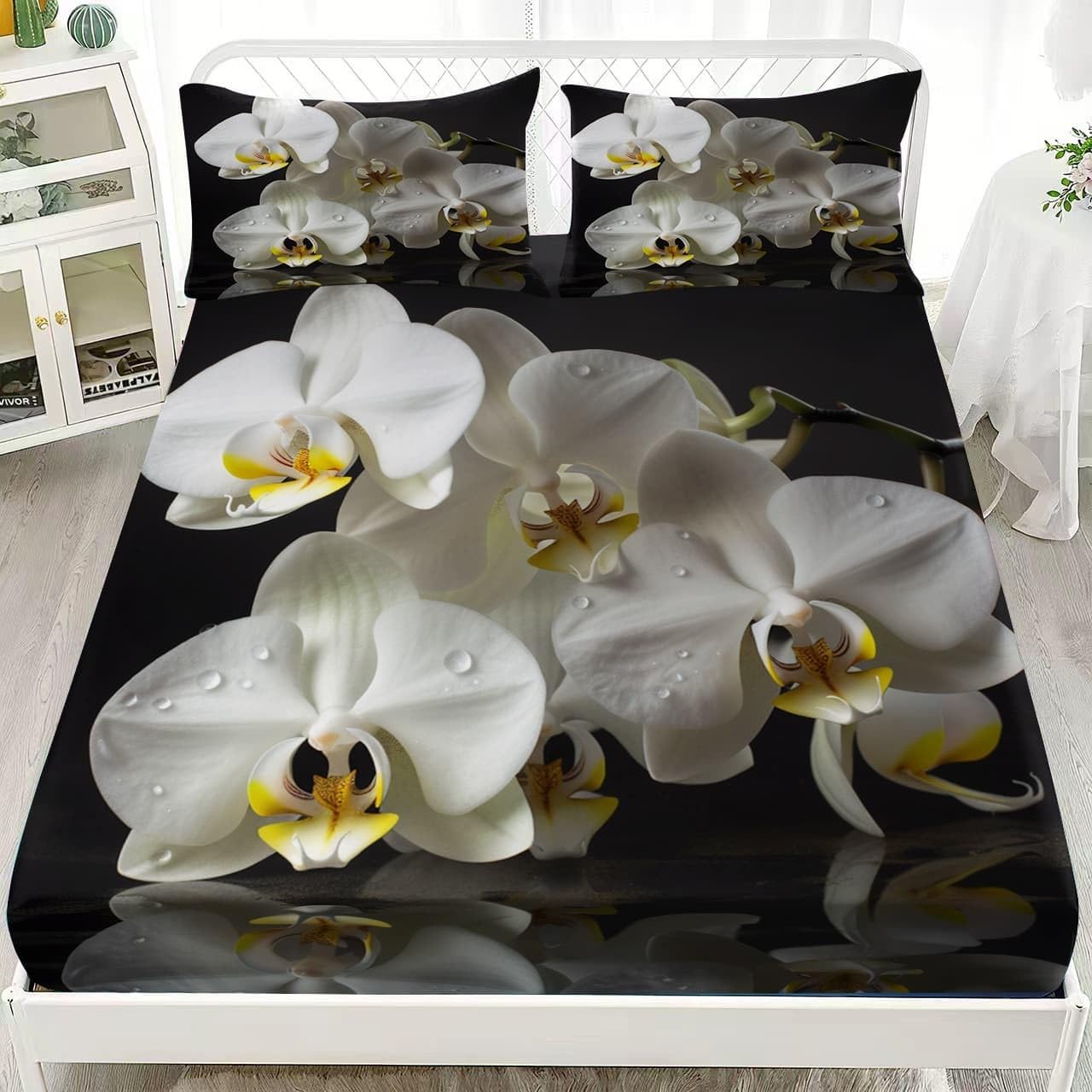 Prześcieradło z gumką 200 x 200 cm Magnolia Kwiaty 3D o wysokiej rozdzielczości, miękkie, oddychające dla 2 osób, prześcieradło z gumką - głęboka kieszeń 30 cm, biały zestaw pościeli dziecięcej z
