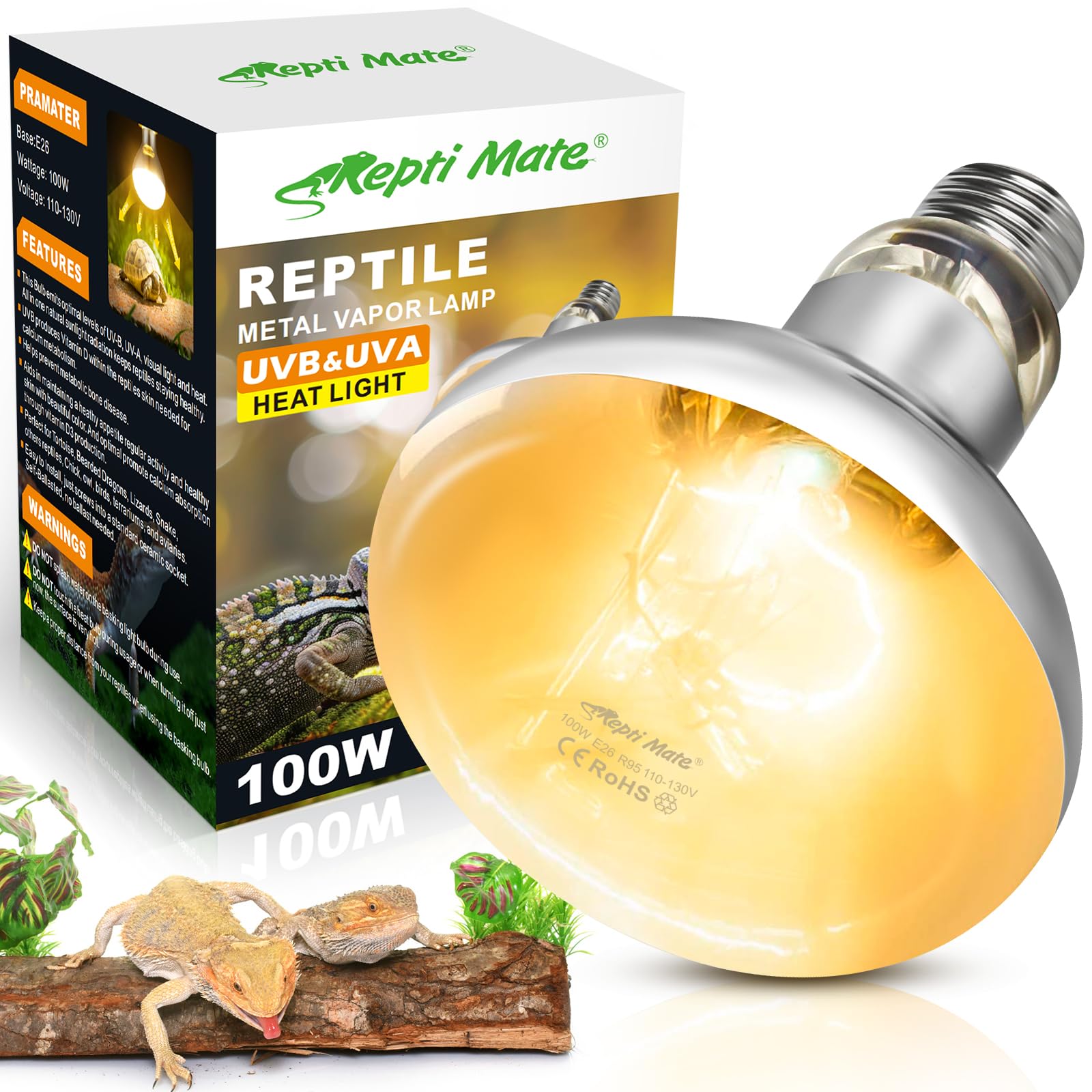 REPTI MATE 100W Reptile Heat Lamp Bulbs, Full Spectrum UVA/UVB Reptile Light Bulb and Basking Spot Light, UVB Light for Reptiles and Bearded Dragon, Turtle, Lizard, Snake, Amphibians