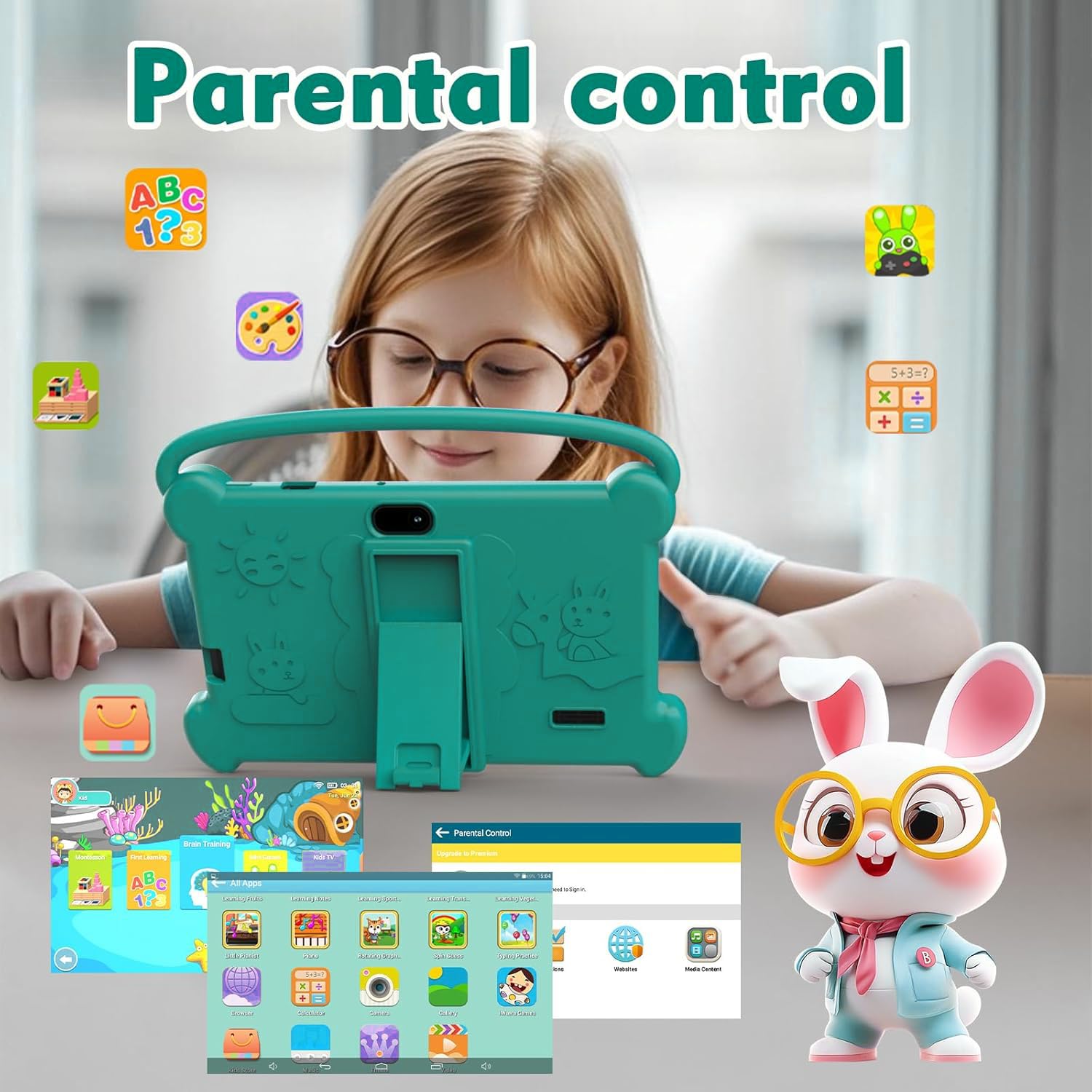 Tablet per bambini da 7 pollici 3-9 per bambini, 32 GB ROM con custodia antiurto, software Android per bambini installato Netflix, YoutTube, app aiwawa, controllo genitori, doppia fotocamera